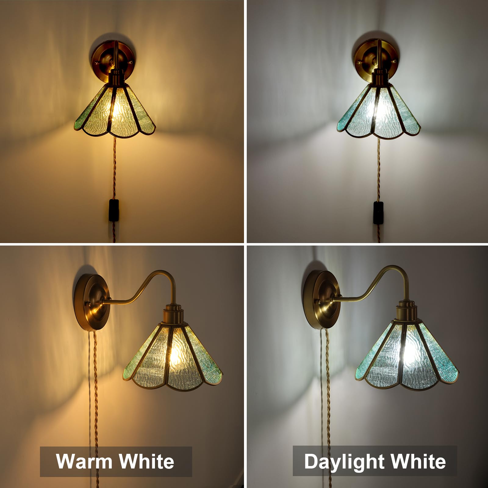 Wall Sconce, Wall Mounted Lamps with Green Checker Sconce, Stained Glass Shade Brass Wall Lights Fixture with Plug in Cord and Switch for Bedroom Bathroom Living Room Hallway