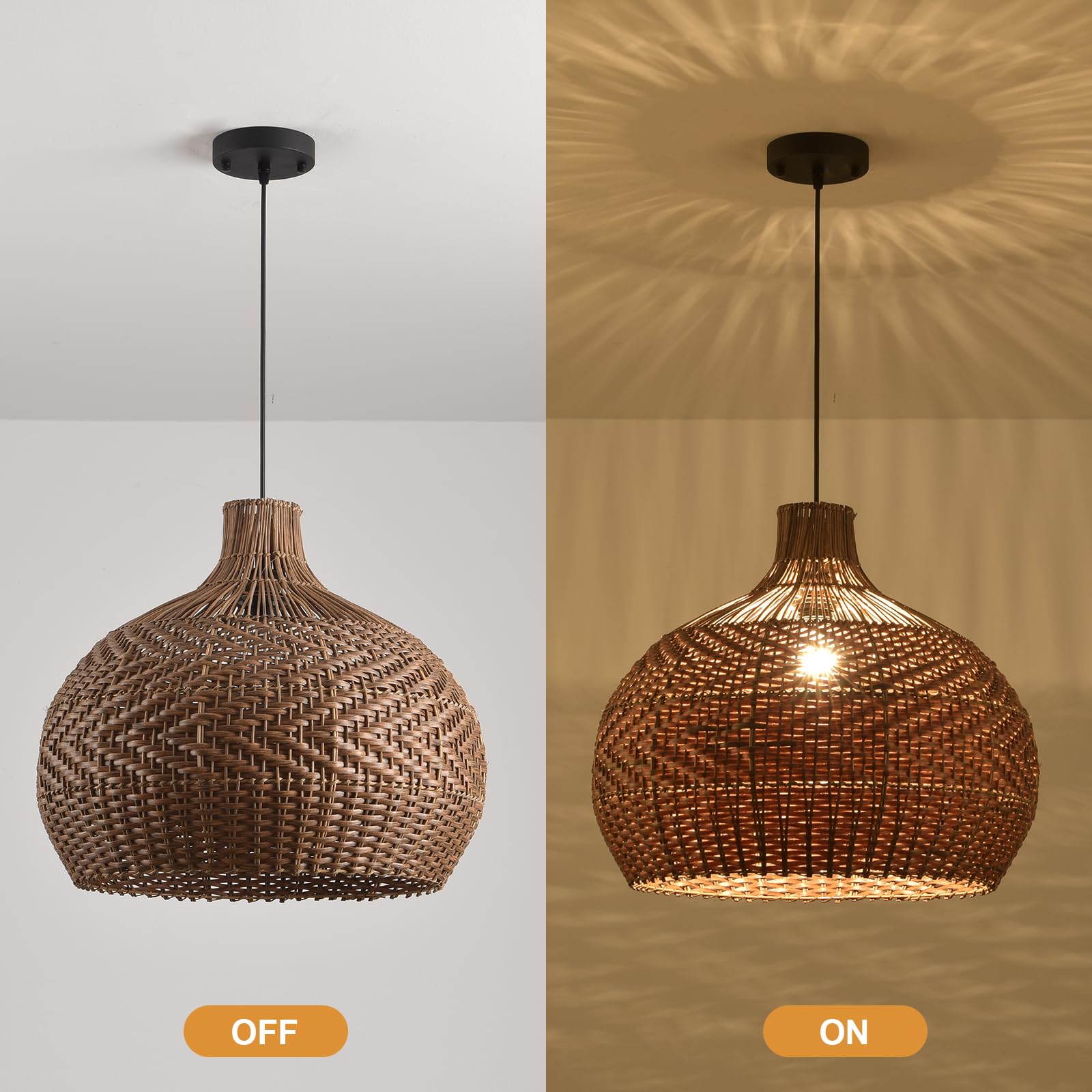 Boho Bamboo Pendant Light, 23.64in Bohemian Hand-Woven Rattan Chandelier Coastal Wicker Lighting Fixtures Hanging Lamp for Kitchen Island Dining Living Room Restaurants Bedroom