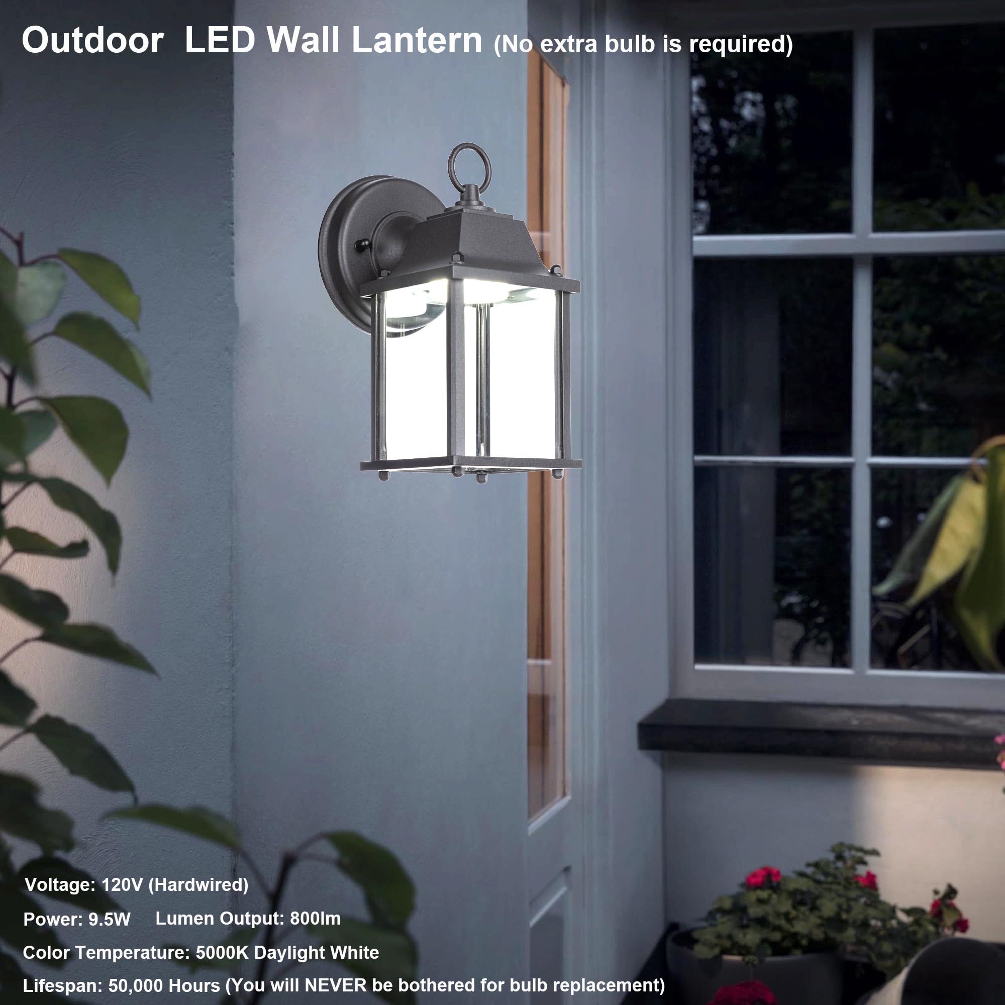 Outdoor LED Wall Lantern, Wall Sconce as Porch Light, 9.5W 800 Lumen, Aluminum Housing Plus Glass, 5000k-Matte White Finish, 2-Pack