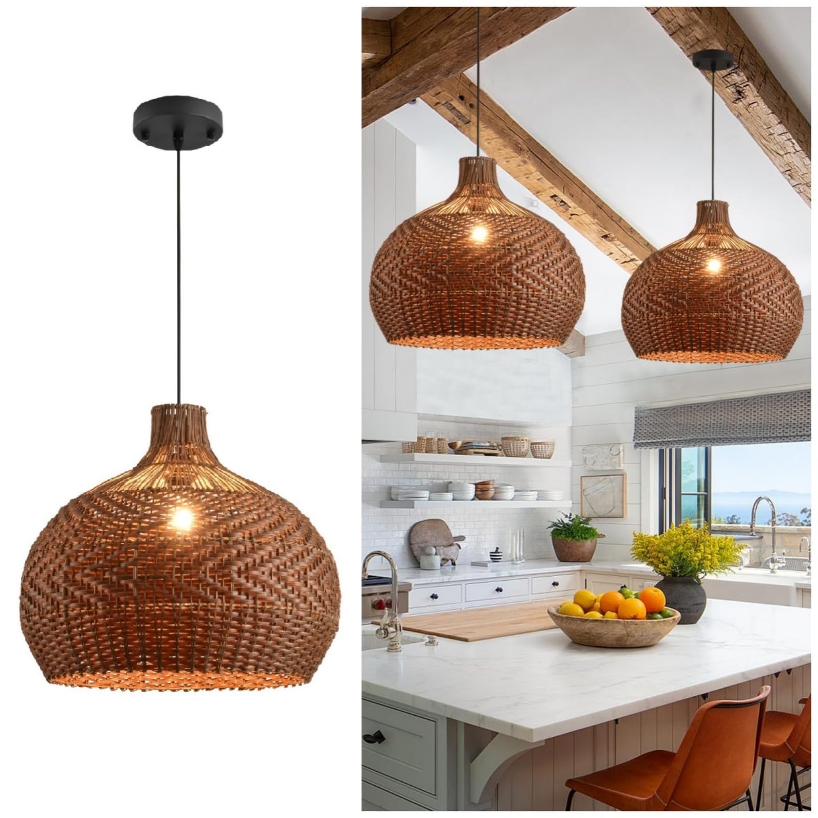 Boho Bamboo Pendant Light, 23.64in Bohemian Hand-Woven Rattan Chandelier Coastal Wicker Lighting Fixtures Hanging Lamp for Kitchen Island Dining Living Room Restaurants Bedroom