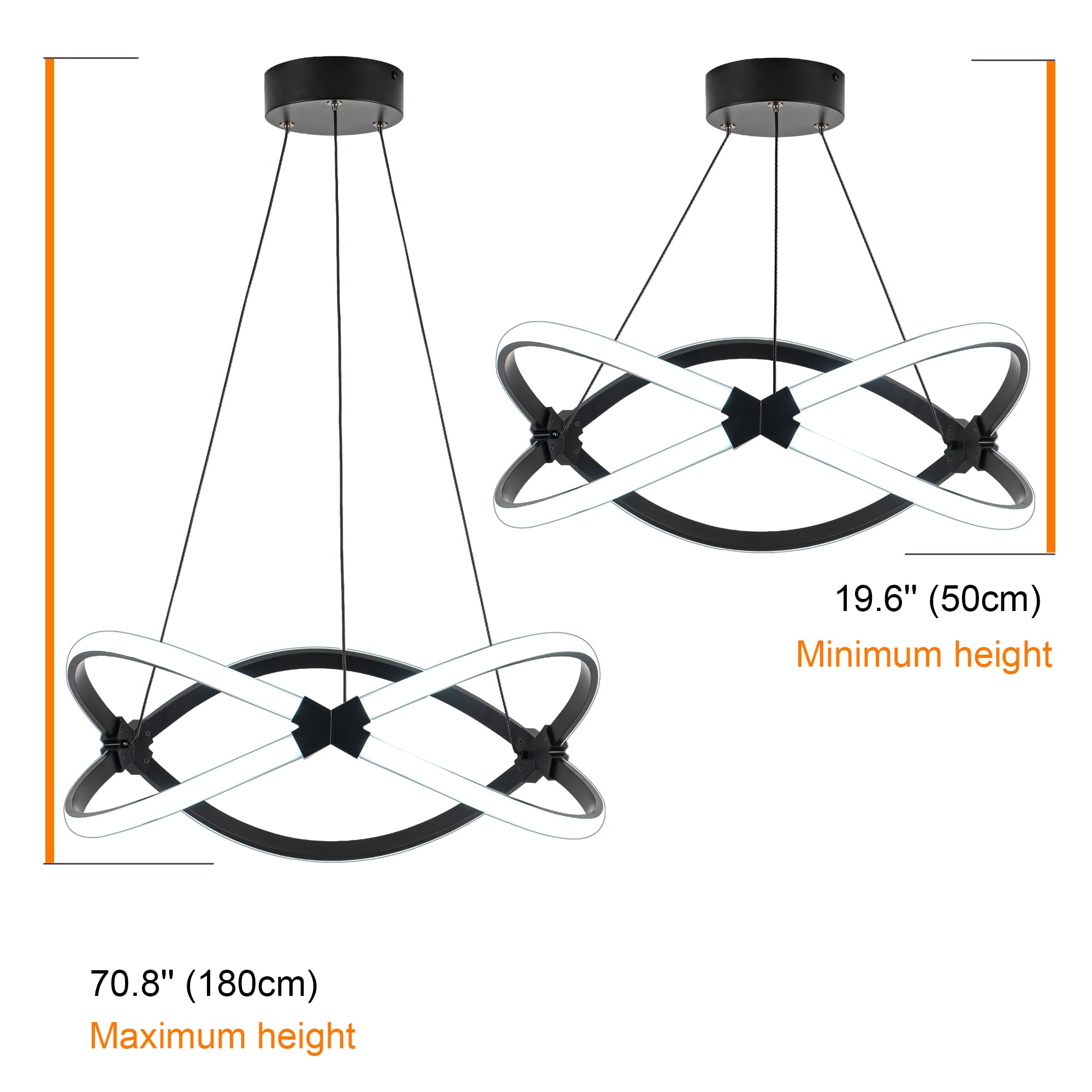 Modern LED Chandelier, Black Pendant Light, Adjustable Height Chandeliers with Circular Ring Shape, Modern Chandeliers for Dining Room Kitchen Island Living Room Bedroom, 6000K Daylight