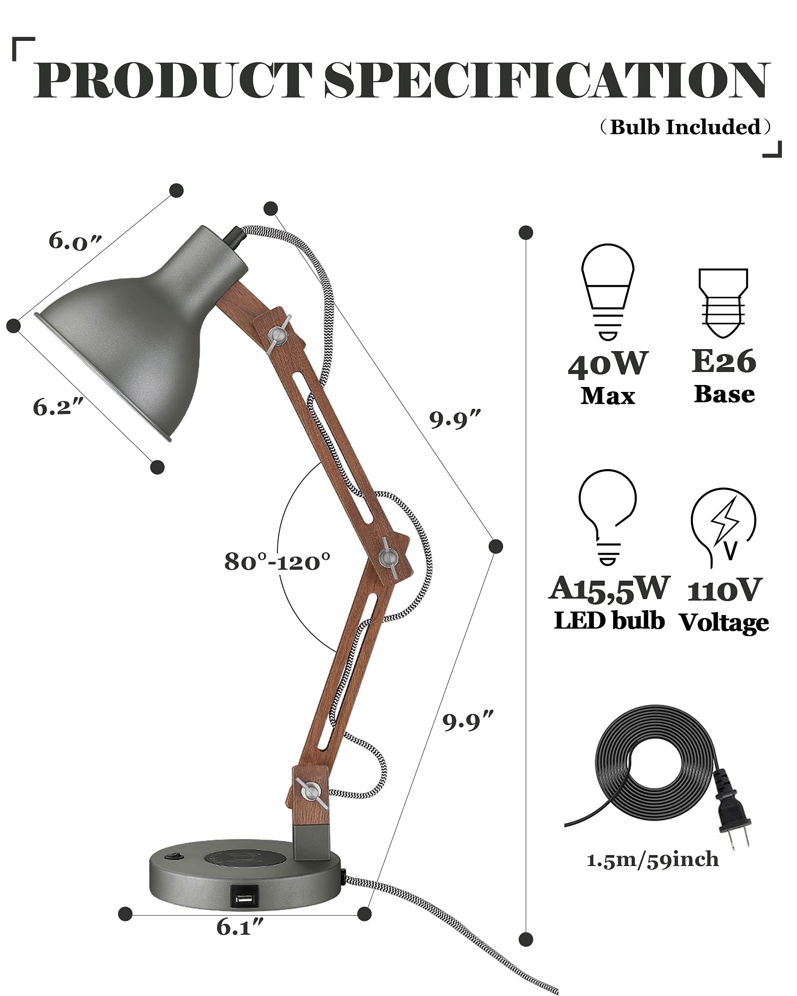 Industrial Table Lamp, Sapele Wood Desk Lamp with Upgraded Wireless Charger & USB C Port, Swing Arm Reading Task Light for Farmhouse, Dorm Office, Bedroom Livingroom, LED Bulb Included, Grey