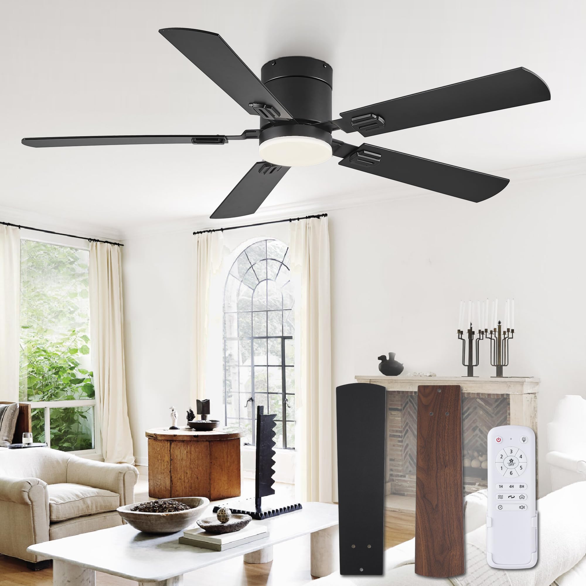 52 Inch Flush Mount Ceiling Fan, Black Low Profile Ceiling Fan with Light and Remote, Ceiling Fan with Tri-Color temperatures, Quiet&Strong DC Motor for Indoor, Bedroom, Kitchen, Living Room