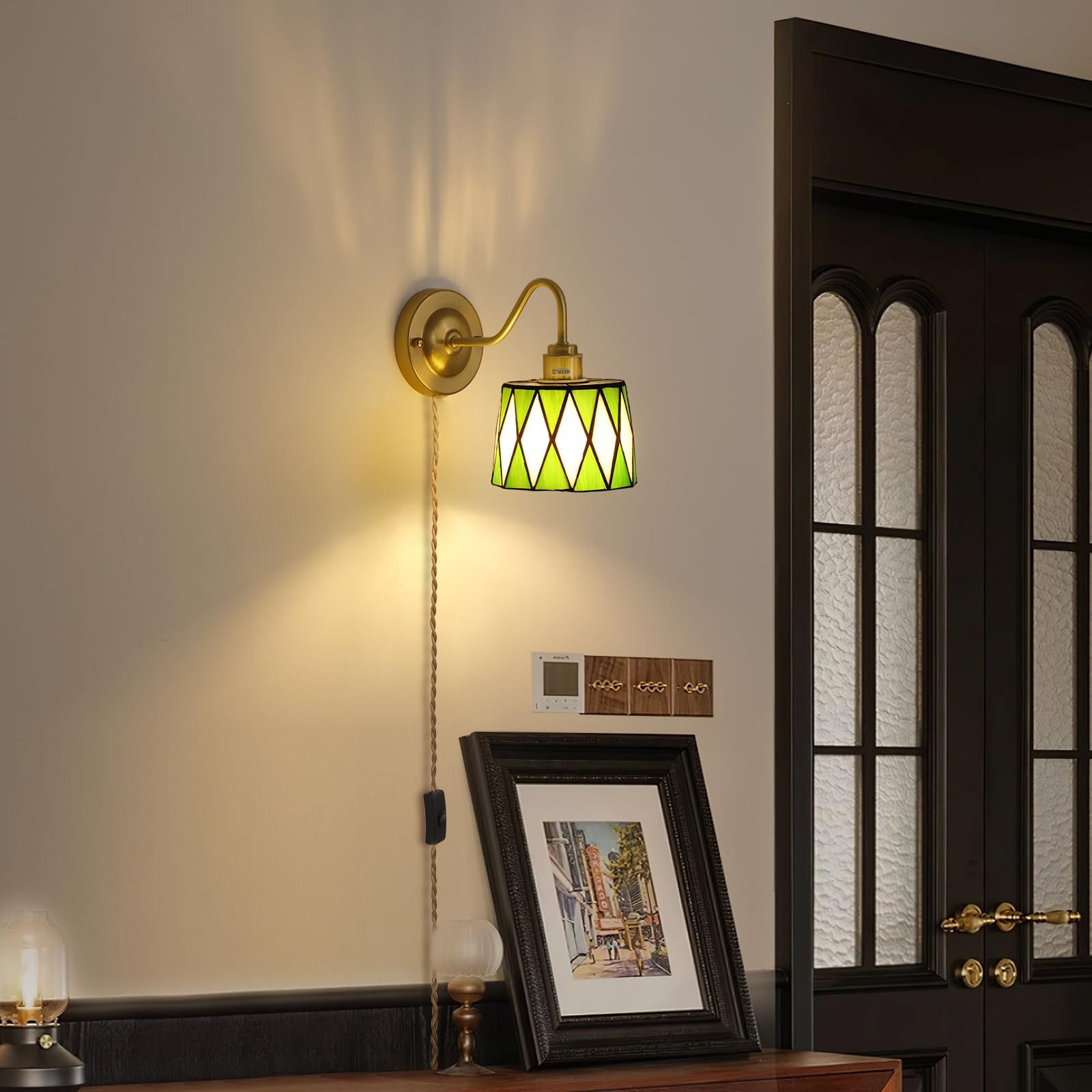 Wall Sconce, Wall Mounted Lamps with Green Checker Sconce, Stained Glass Shade Brass Wall Lights Fixture with Plug in Cord and Switch for Bedroom Bathroom Living Room Hallway