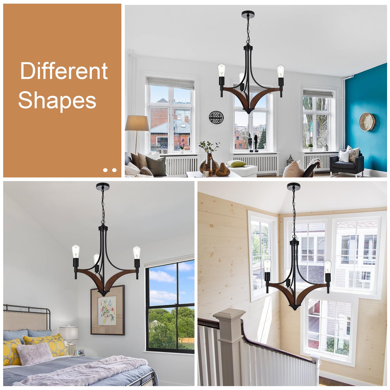 Wooden Chandelier 3-Light Vintage Chandelier Industrial Retro Rustic Black Pendant Light Fixtures for Dining Room Kitchen Island Living Room Bar