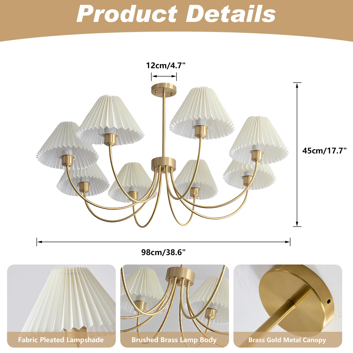 Lighting 3-Lights Pleated Chandelier White Fabric Pendant Light Fixtures Mid Century Modern Gold Sputnik Chandelier Vintage Classic Chandeliers for Dining Room Bedroom