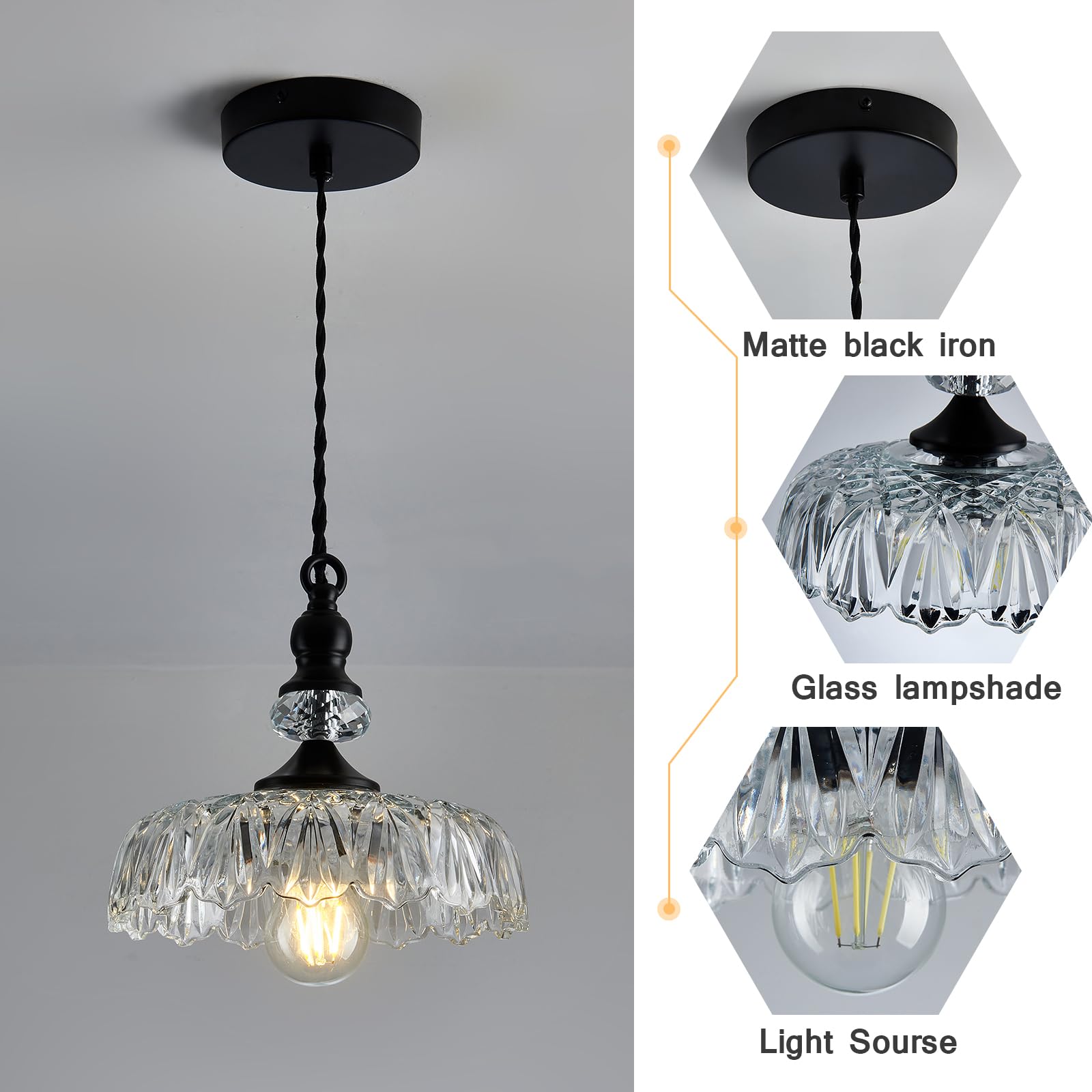 Vintage Glass Pendant Light Fixture Black Modern Adjustable Chandelier Hanging Light for Farmhouse Dining Room Kitchen Bedroom Hallway Island