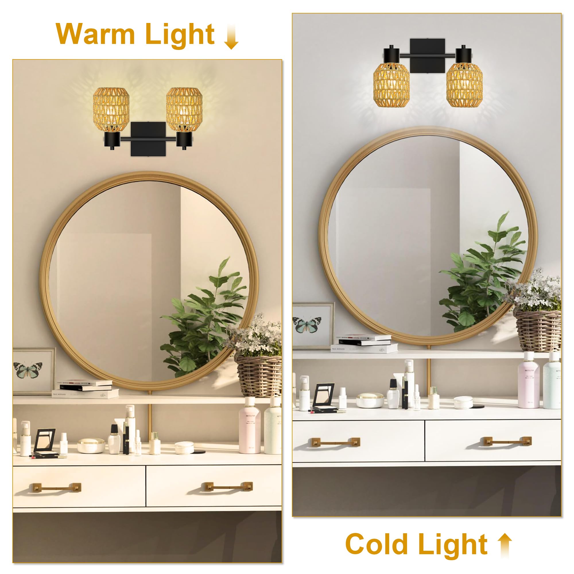 Rattan Wall Sconces Set of Two, Boho Bathroom Vanity Lighting Fixtures over Mirror, Hardwired Farmhouse Wall Lamp with 330°Adjustable Arm for Living Room, Bedroom and Hallway, E26 Base (Not Included)