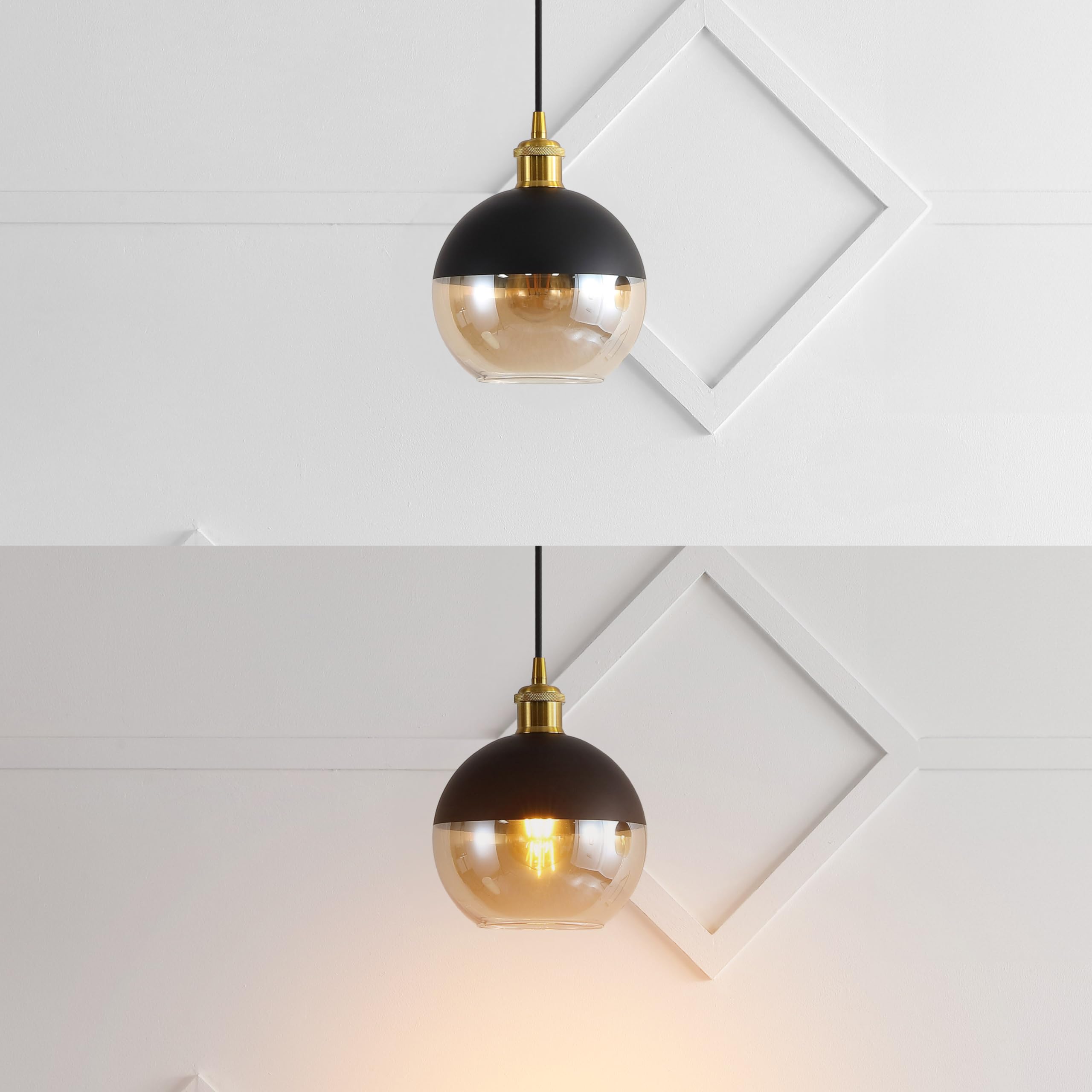 7.5" Adjustable Drop Globe Metal/Glass LED Pendant Contemporary Transitional Dimmable Dining Room Living Room Kitchen Foyer Bedroom Hallway, Brass Gold/Black