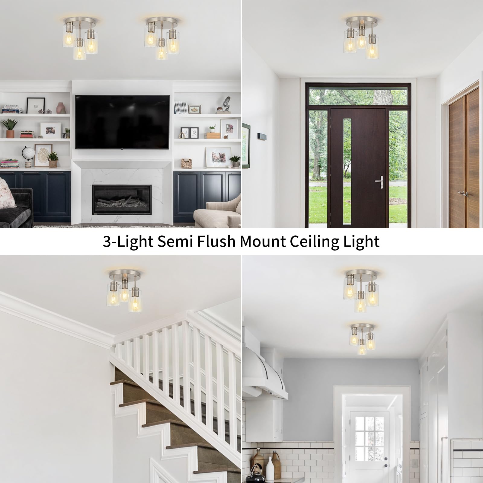 Semi Flush Mount Ceiling Light 3-Light Brushed Nickel Flush Mount Ceiling Light Fixtures with Clear Glass Shade, Modern Kitchen Ceiling Light for Bedroom Stairs Porch Hallway Entryway