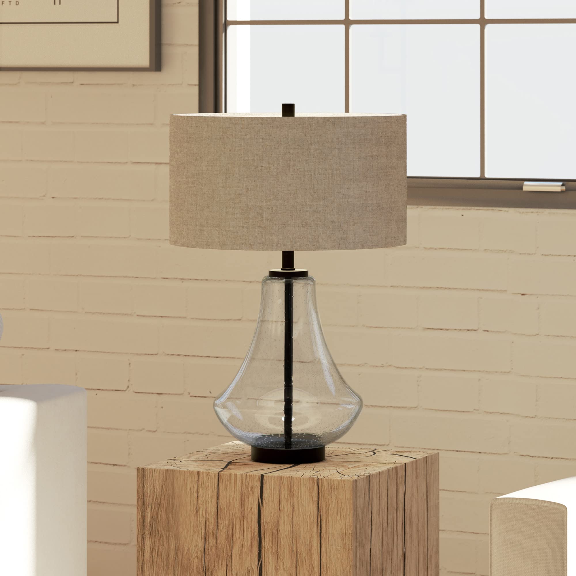 23" Tall Table Lamp with Fabric Shade in Seeded Glass/Antique Bronze/Flax