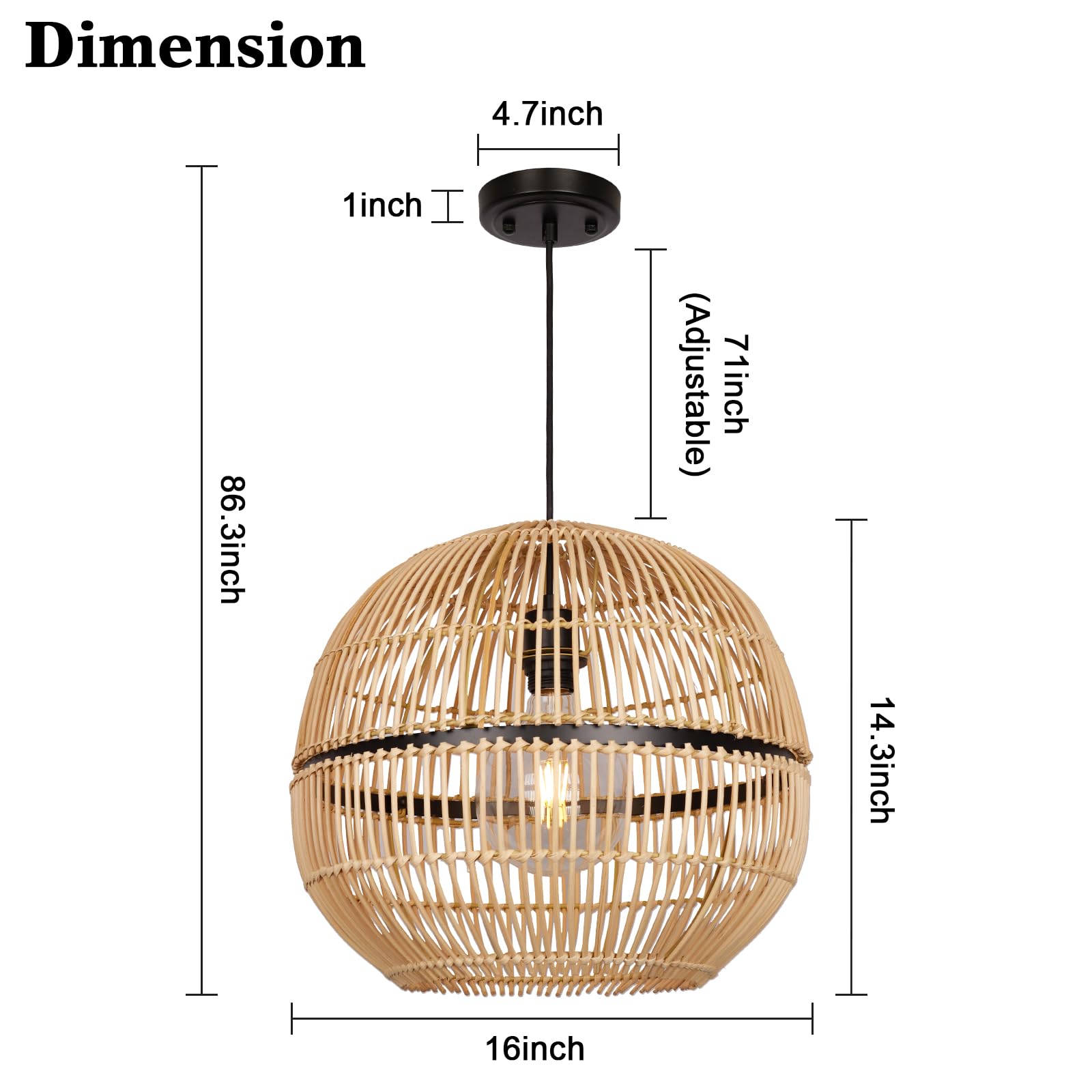 Rustic Farmhouse Bamboo Pendant Light - 18 Inch Large Dome Handwoven Ceiling Mounted Bamboo Chandelier Shades, Coastal Beach Hanging Rattan Light Fixture for Kitchen, Dining, Living Room