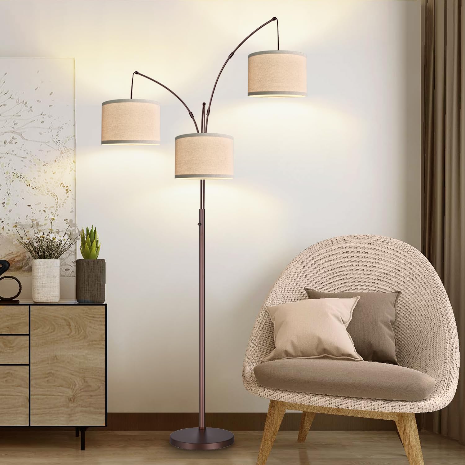 Dimmable Floor Lamp - 3 Lights Arc Floor Lamps for Living Room, 1000LM Modern Tall Standing Lamp with Beige Shades & Heavy Base, Mid Century Tree Floor Lamp for Bedroom Office, 3 LED Bulbs Included