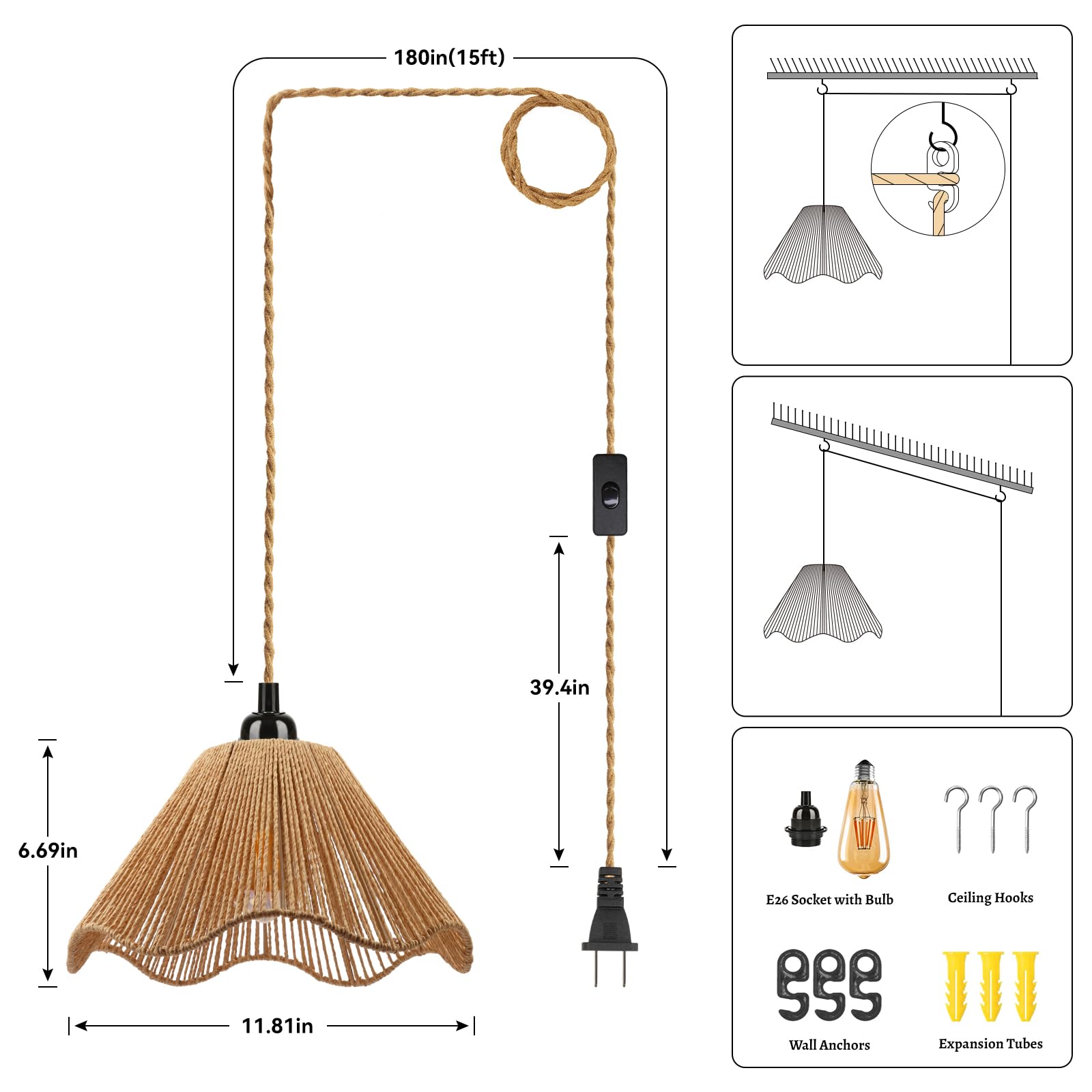 Pendant Lights with Switch & Hemp Rope, Umbrella Shaped Industrial Hanging Light Kit with E26 Socket, Lamp Cord Fixture for Farmhouse Bedroom Living Room Decor- Ivory (3-Lights)