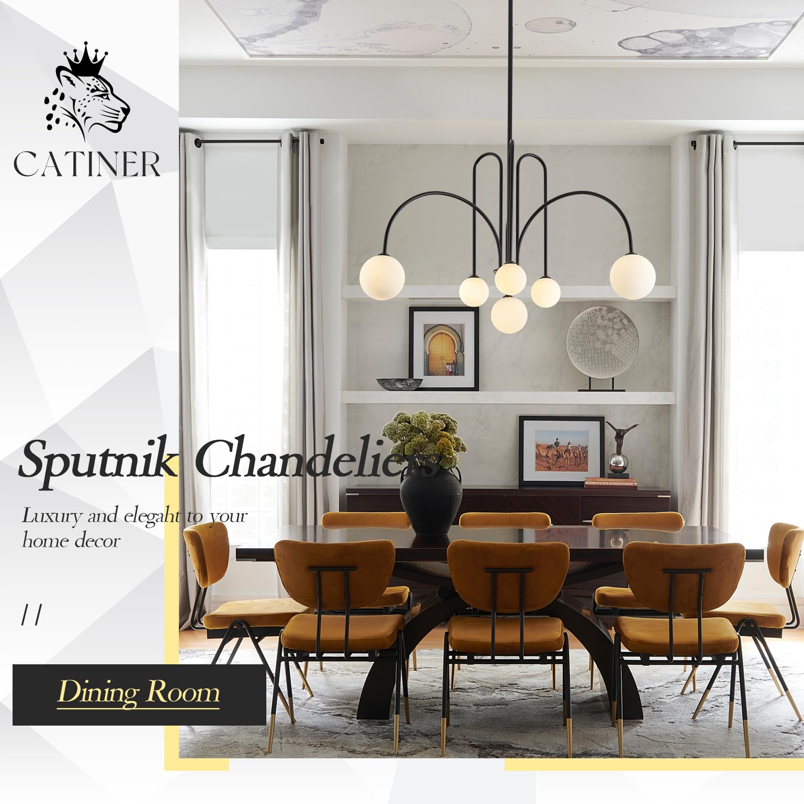 Gold Sputnik Chandeliers for Dining Room,Mid Century Crystal Glass Chandeliers 6 Lights Modern Ceiling Pendant Light Fixtures Iceberg Shape for Living Room Kitchen Island Bedroom