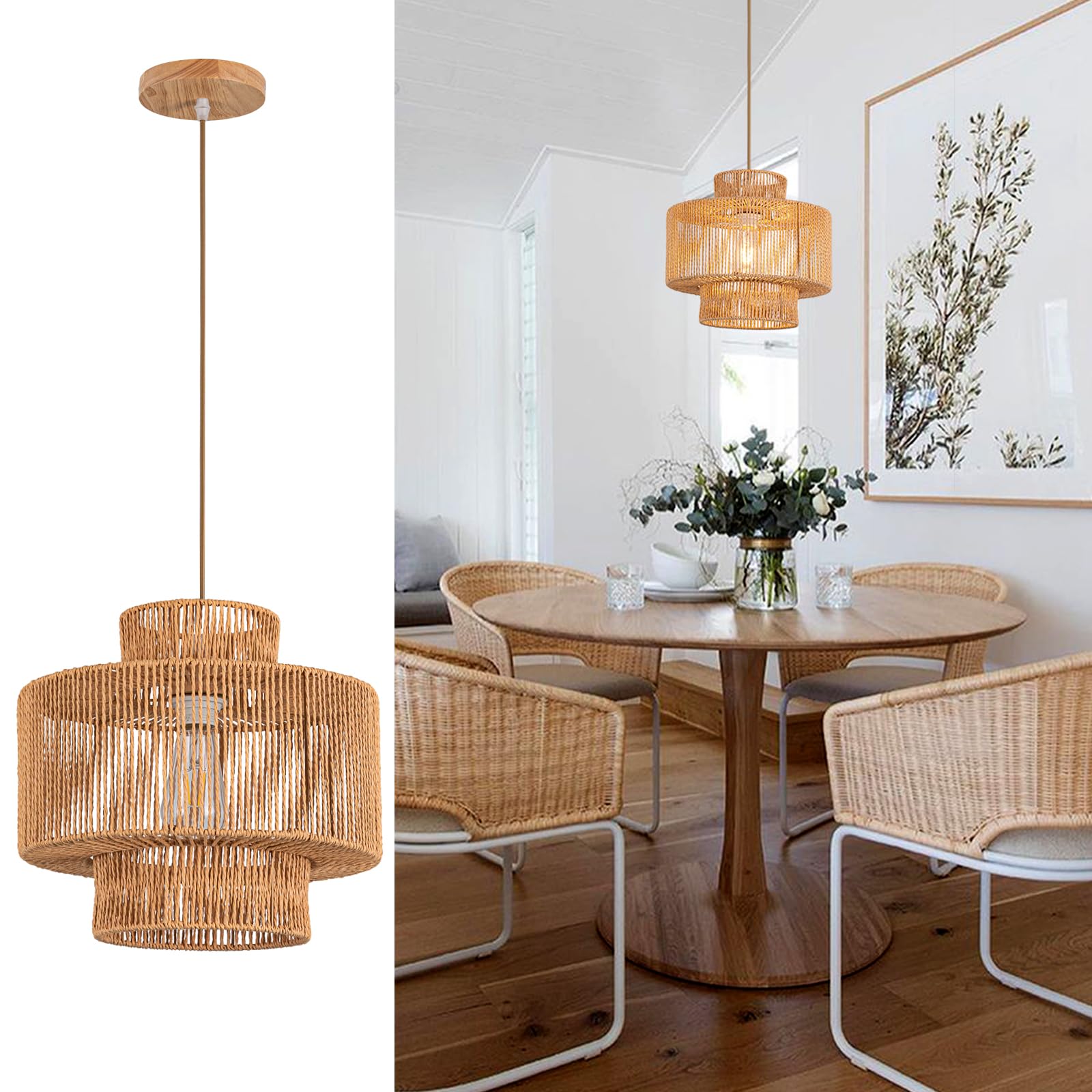 Rattan Pendant Light Fixture Basket Hanging Drum Chandelier Basket Light White Boho Ceiling Light Flush Mount Ceiling Light Woven Kitchen Chandelier for Dinning Room Hallway Bedroom Chandelier