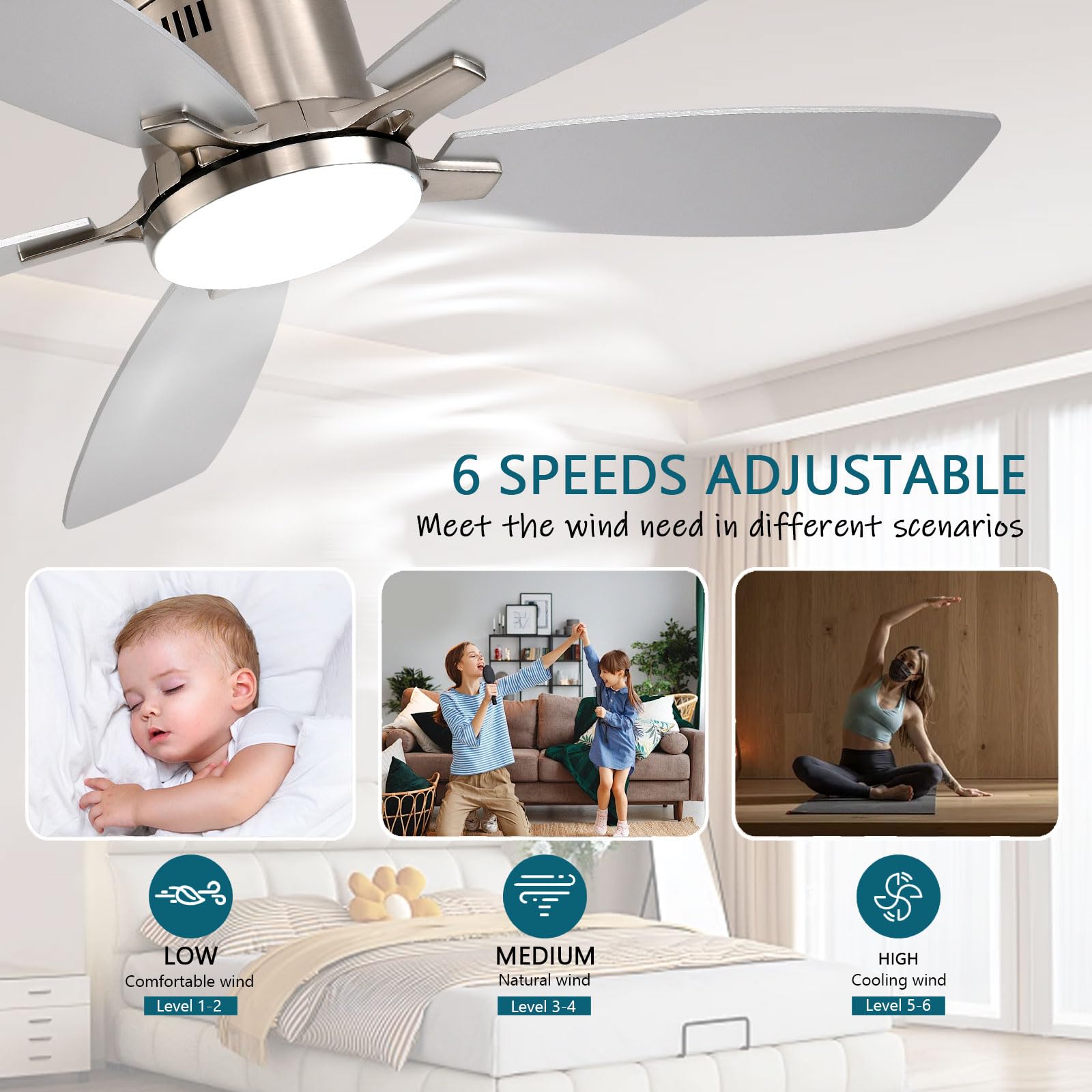 Ceiling Fans with Lights, 52 inch Low Profile Ceiling Fan with Light and Remote Control, Flush Mount, Reversible Motor, Dimmable, Noiseless, White Ceiling Fan for Bedroom, Indoor/Outdoor Use