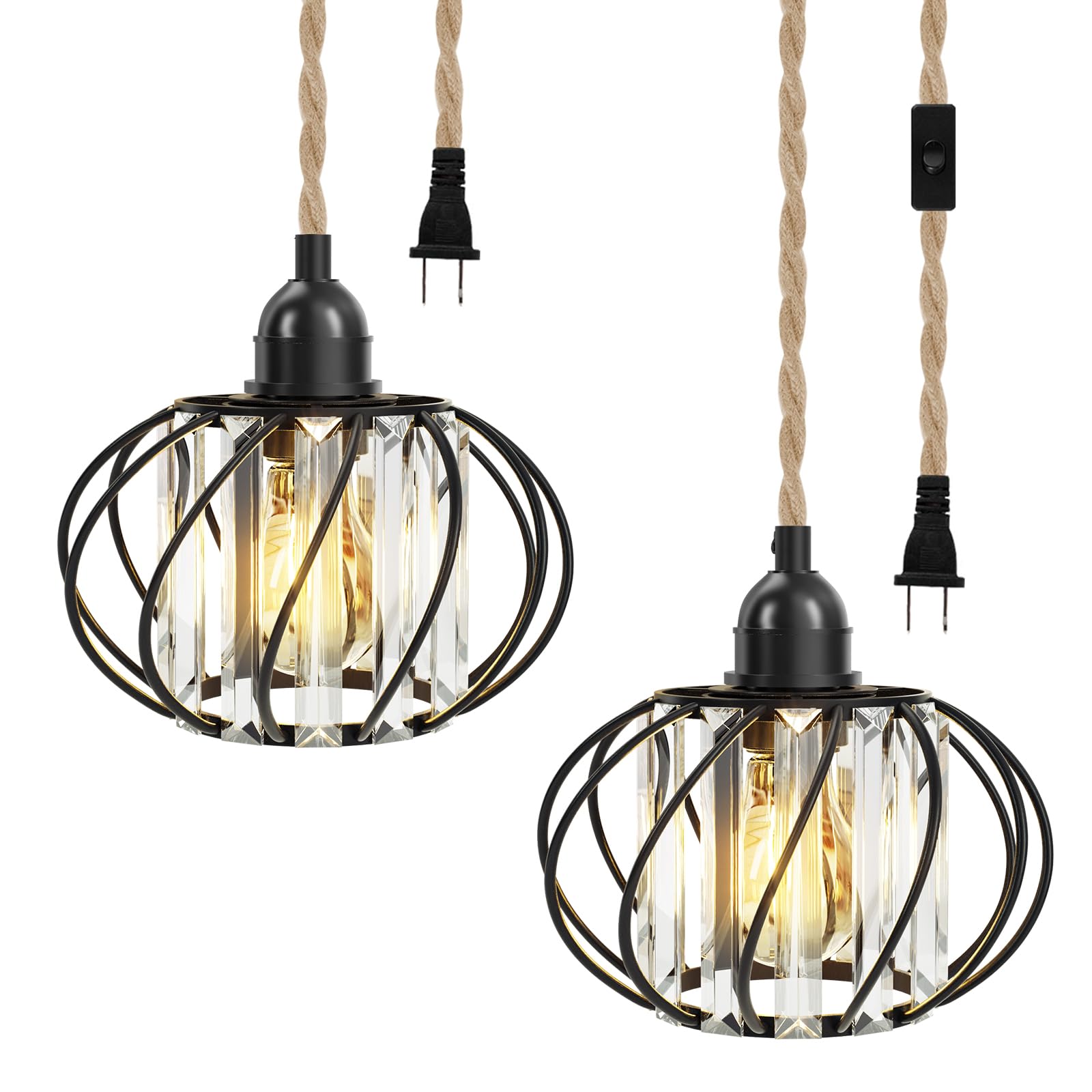 Crystal Plug in Pendant Light - Farmhouse Hanging Lights with Plug in Cord 16.4ft Hemp Rope Hanging Light Fixtures with On/Off Switch Industrial Hanging Lamp for Living Room Bedroom Kitchen Island