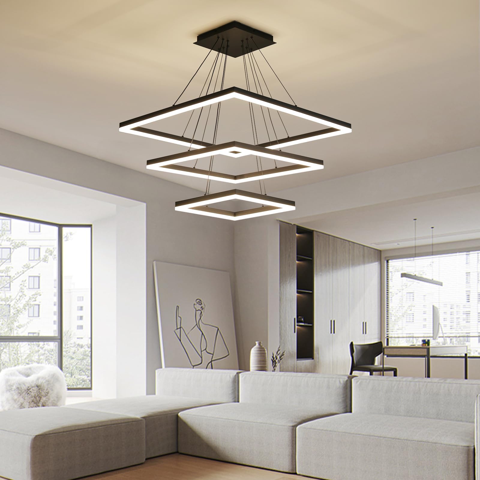 Modern LED Chandelier, Double Rectangles Ceiling Pendant Lights, LED Island Lights Dimmable Chandeliers for Dining Room Living Room Bedrooms, Black (40CM/60CM)