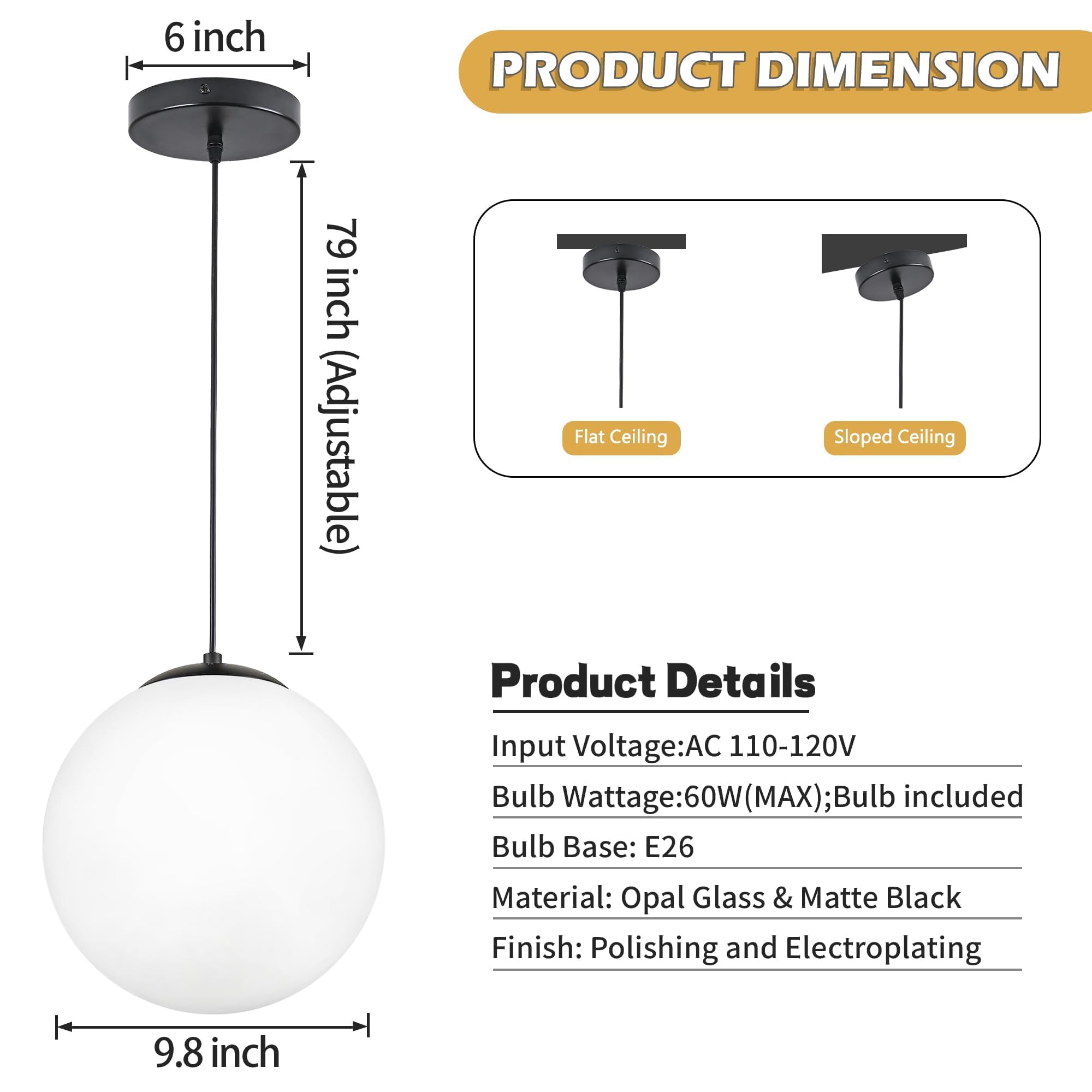 6-inch Mini Modern Globe Pendant Light Clear Glass with Brass Finish Contemporary Mid Century Adjustable Hanging Light Fixture for Living Room Bedroom Kitchen