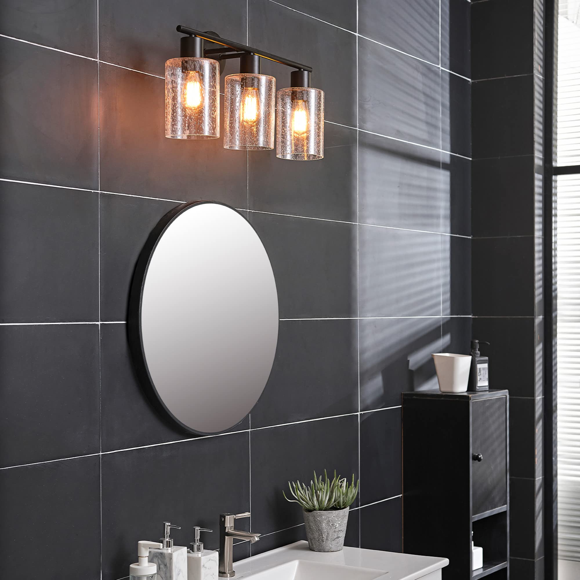 Globe Electric 51710 Bathroom Accessory Set, Matte Black, 3-Light Vanity Light, Towel Bar, Towel Ring, Robe Hook, Toilet Paper Holder, Bathroom Lights Over Mirror, Home Décor, Brooklyn, 5-Piece