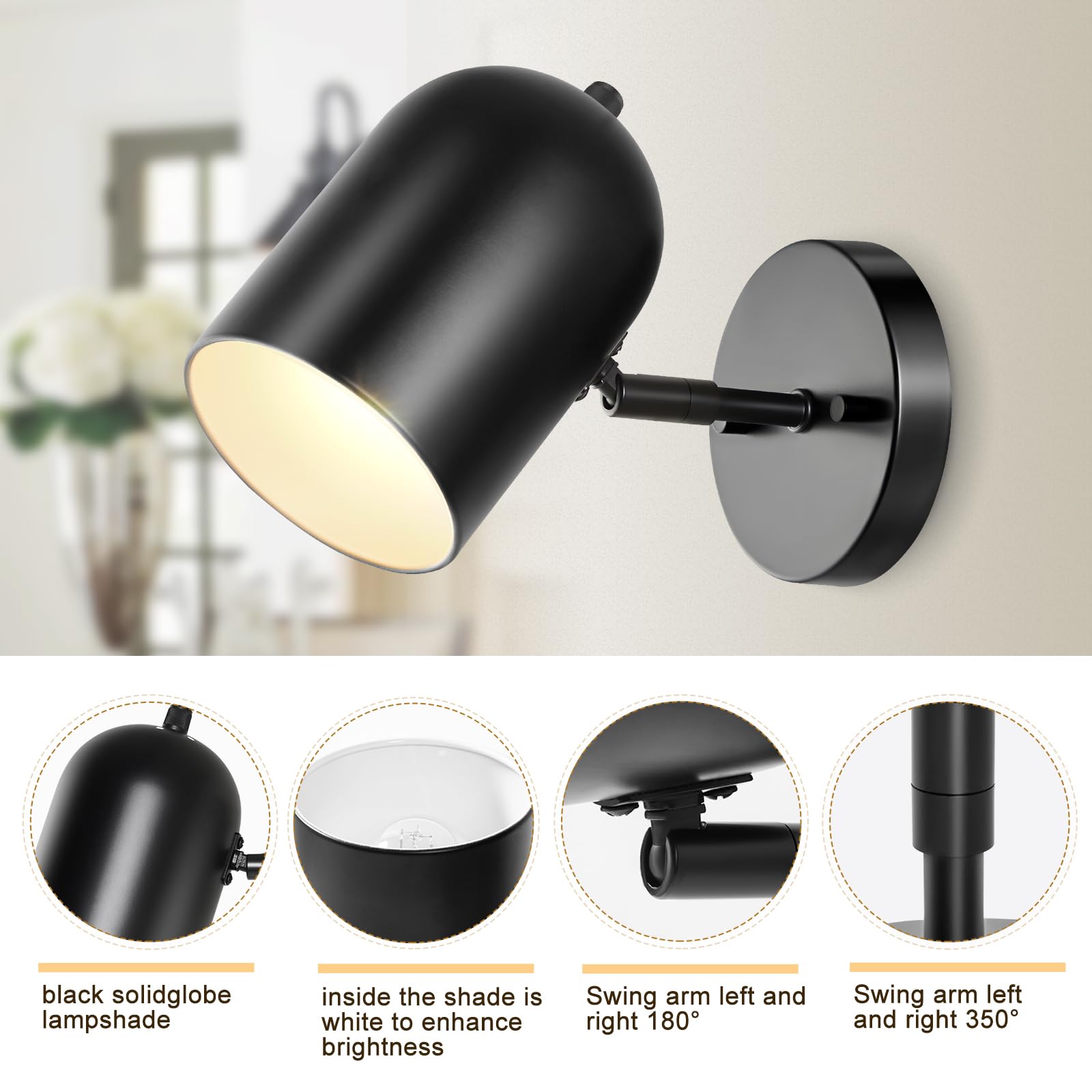 Wall Sconces Set of 2, Matte Black Vanity Lights for Bathroom, Modern Wall Light Fixtures with Rotary Switch, Wall Mount Light with Frosted Glass, Farmhouse Wall Lamp for Bedroom Mirror Living Room