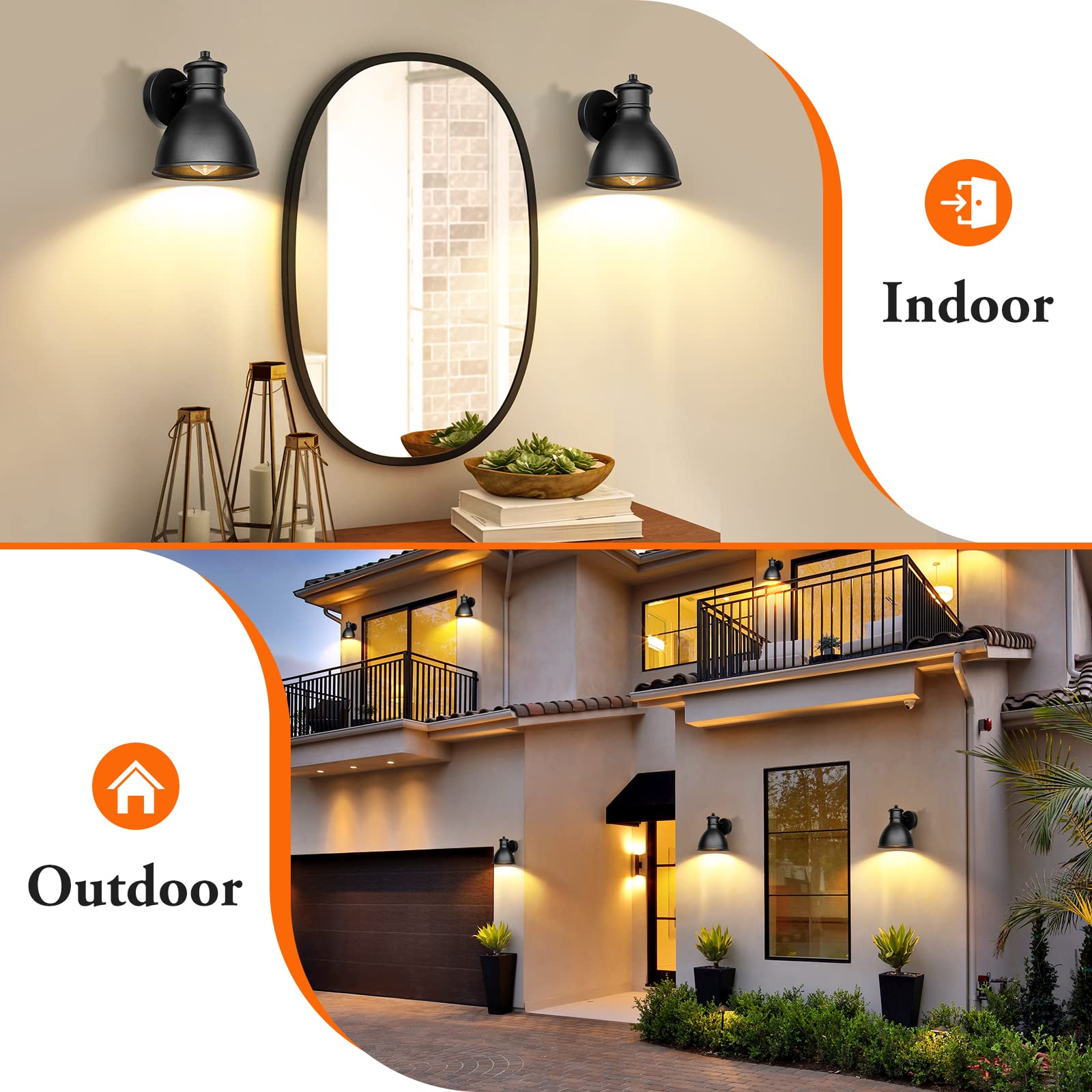 Outdoor Light Fixtures, 2-Pack Farmhouse Barn Lights for Porch, Industrial Black Exterior Wall Sconce for Garage, Patio, E26 Base Anti-Rust, Bulb not Included