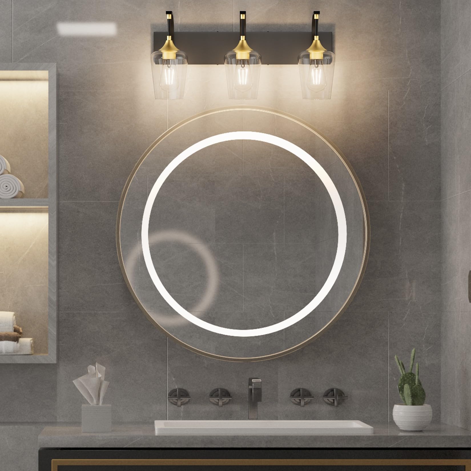 Matte Black Bathroom Vanity Light 4-Lights Industrial Black Vanity Lights Clear Glass Vintage Edison Matte Black Wall Mount Light Fixtures for Bathroom