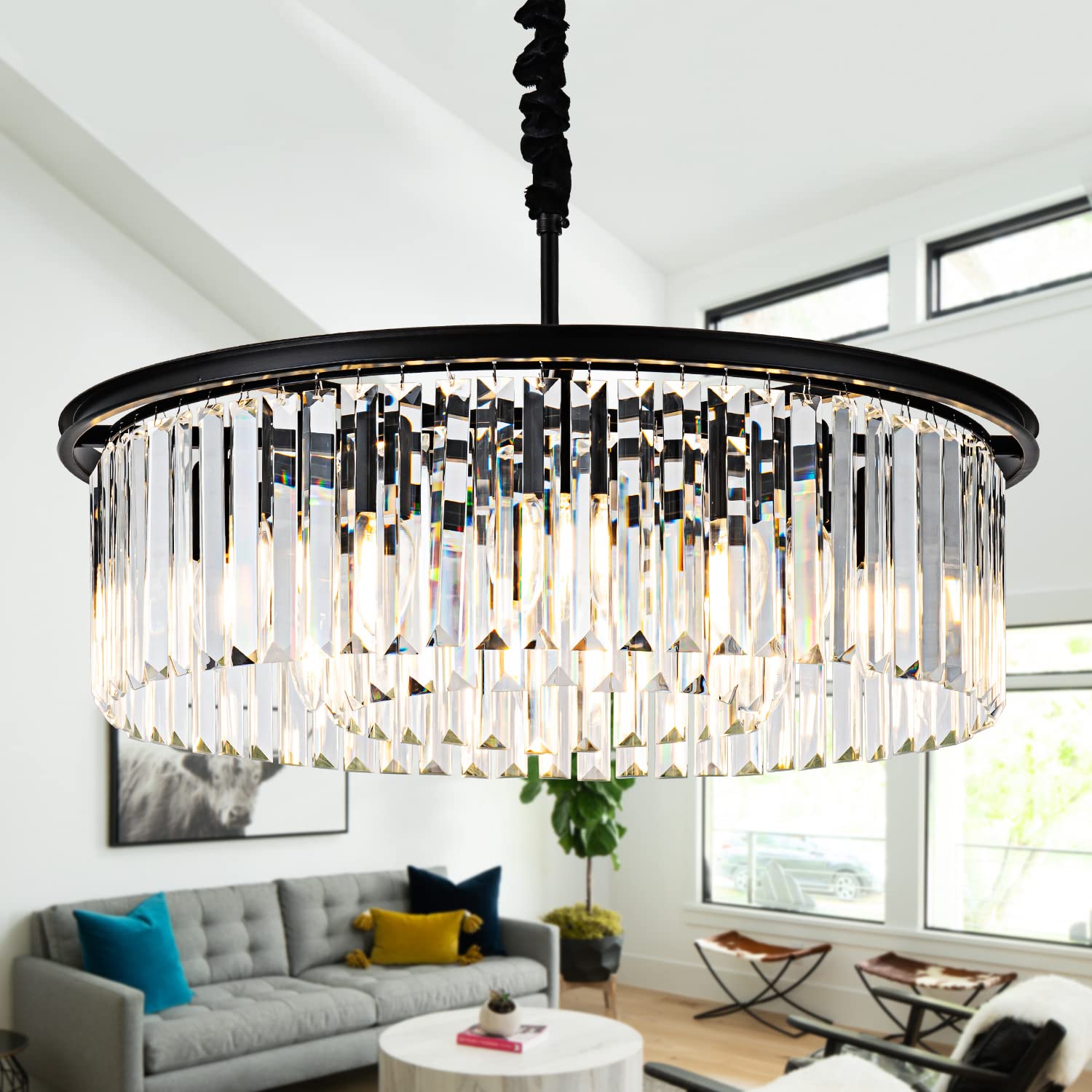 23" 8-Light Modern Crystal Chandelier Light Fixtures 2 Rings Gold Luxury Chandeliers for Dining Room Round Hanging Pendant Lighting for Living Room Kitchen Entryway Bedroom