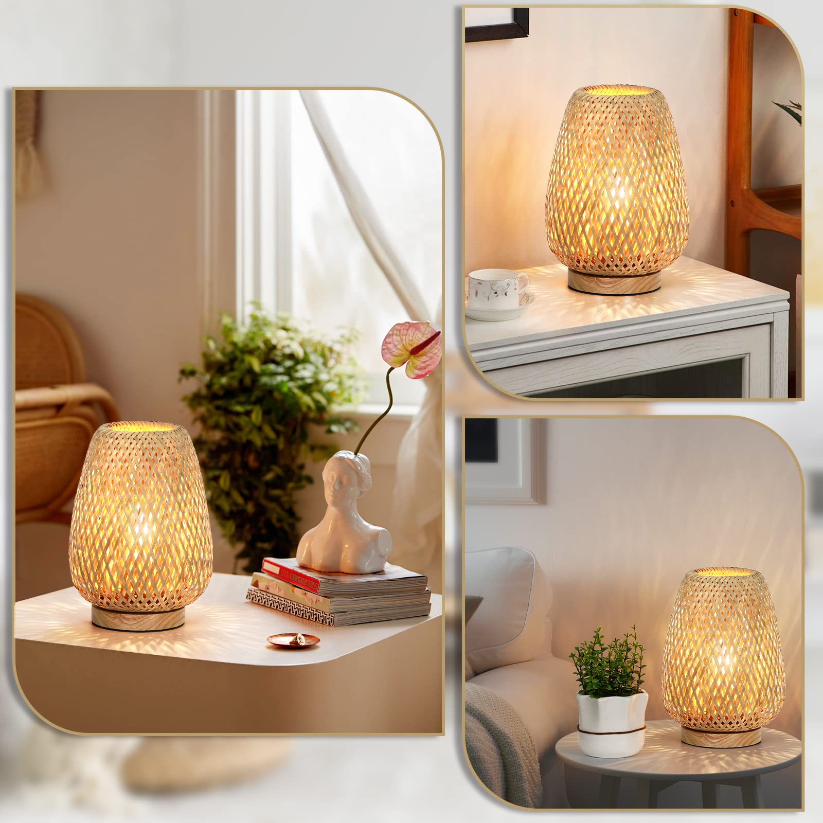 Rattan Table Lamp, Stepless Dimmable Small Beside Lamp, Vintage Wicker Wooden Nightstand Lamp, Boho Bamboo Woven End Table Lamp for Bedroom Living Room Desk Kids Room, 2700K T45 LED Bulb Included