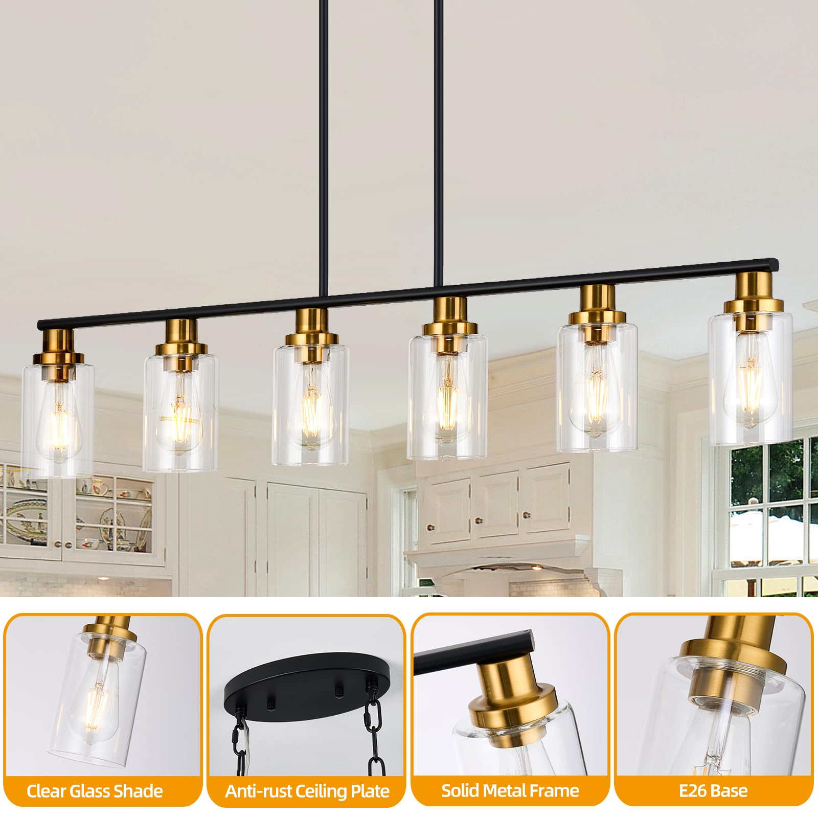 Kitchen Island Lighting, 4-Light Dining Room Light Fixtures Over Table, Gold Linear Chandelier for Dining Room Hanging,Pendant Lights Kitchen Island,with Clear Glass Shade,Height Adjustable