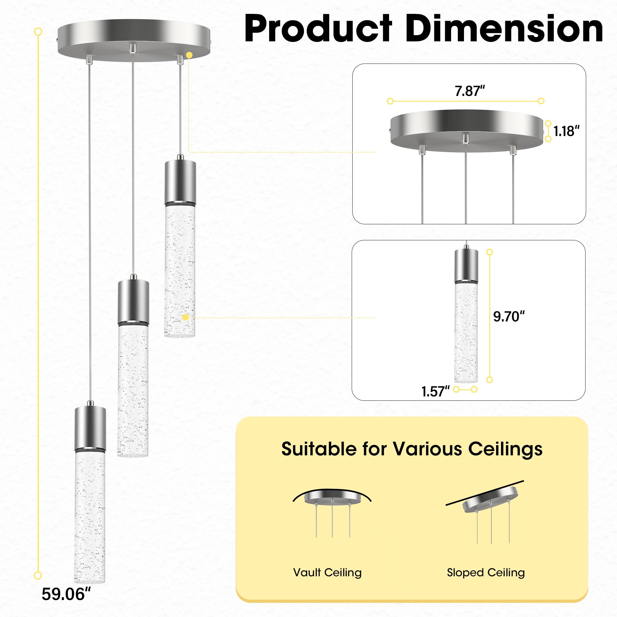 Pendant Lights Kitchen Island 3 Pack, 6500K Modern Kitchen Island Lights Ceiling Lighting Fixtures with Crystal Bubble, Integrated LED Cold White Hanging Light Dining Room Light