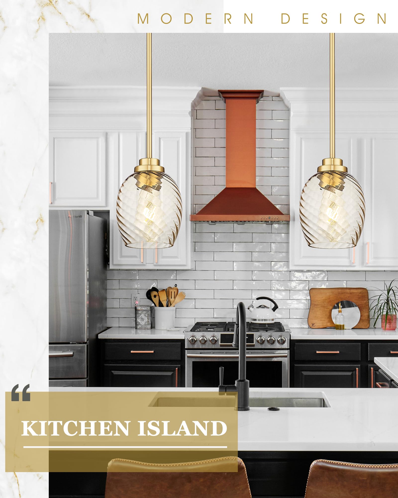 Brass Pendant Lights Kitchen Island 2 Pack, Farmhouse Gold Pendant Light with Clear Glass Globe Shade, Kitchen Island Lighting for Dining Room Entryway, AD-22280-1P2-GD-C