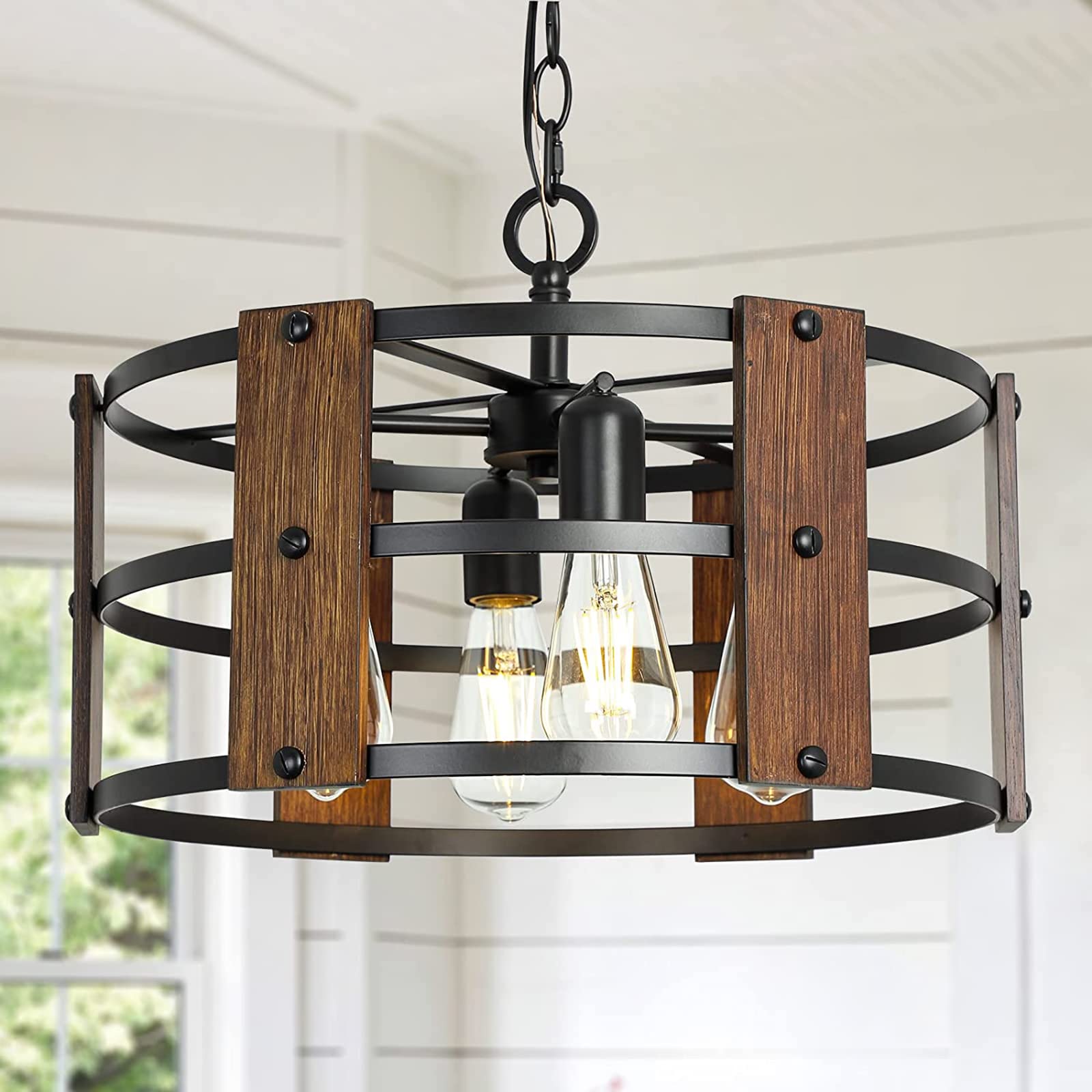 4-Light Black Industrial Chandelier, Kitchen Island Cage Lighting Fixtures, Farmhouse Ceiling Hanging Oval Pendant Light for Dining Room Over Table, Living Room, E26 Bulbs NOT Included