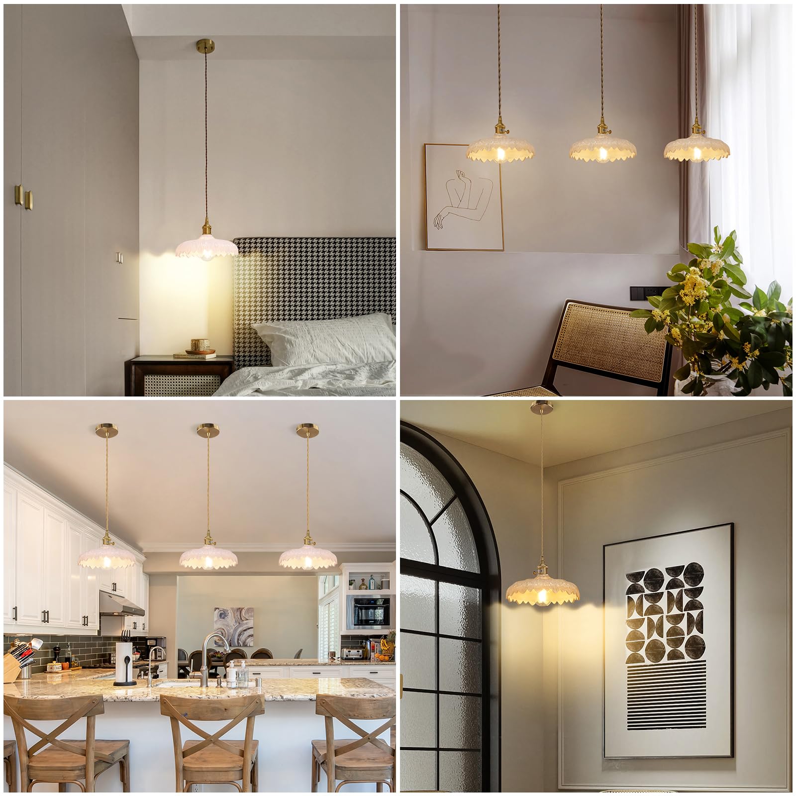 Pendant Light with White Pleated Ceramic Lmapshade, Brass Vintage Pendant Light Adjustable Hanging Light for Kitchen Island Dining Room Hallway 7.87 Inch Diam