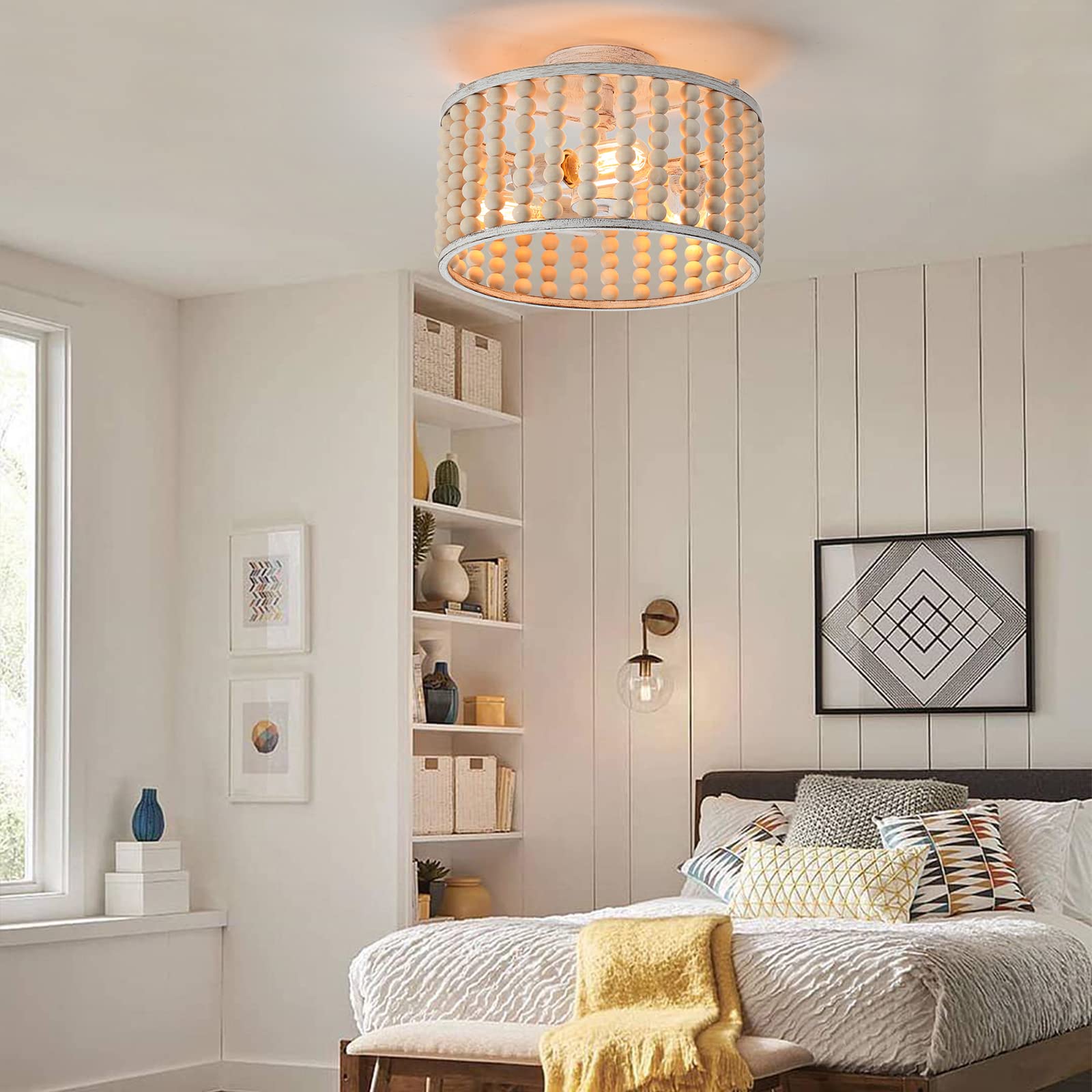 Wood Beaded Boho Chandelier Light Fixture, Semi Flush Mount Ceiling Light 3-Light Rustic Nursery Close to Ceiling Light for Bedroom Kitchen, Living Room, Oak White, E26 Base