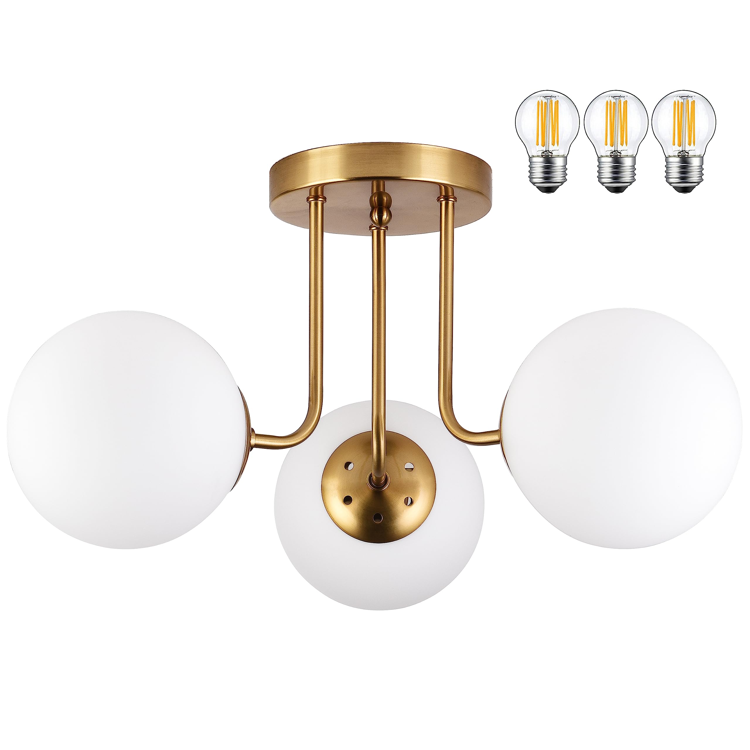 KoKo&Yukina 3-Light Semi Flush Mount Ceiling Light Globe Ceiling Light Mid Century Ceiling Light with Opal Milk Glass Globe & Brushed Brass for Bedroom Hallway Entryway Kitchen Living Room-Bulb Incl