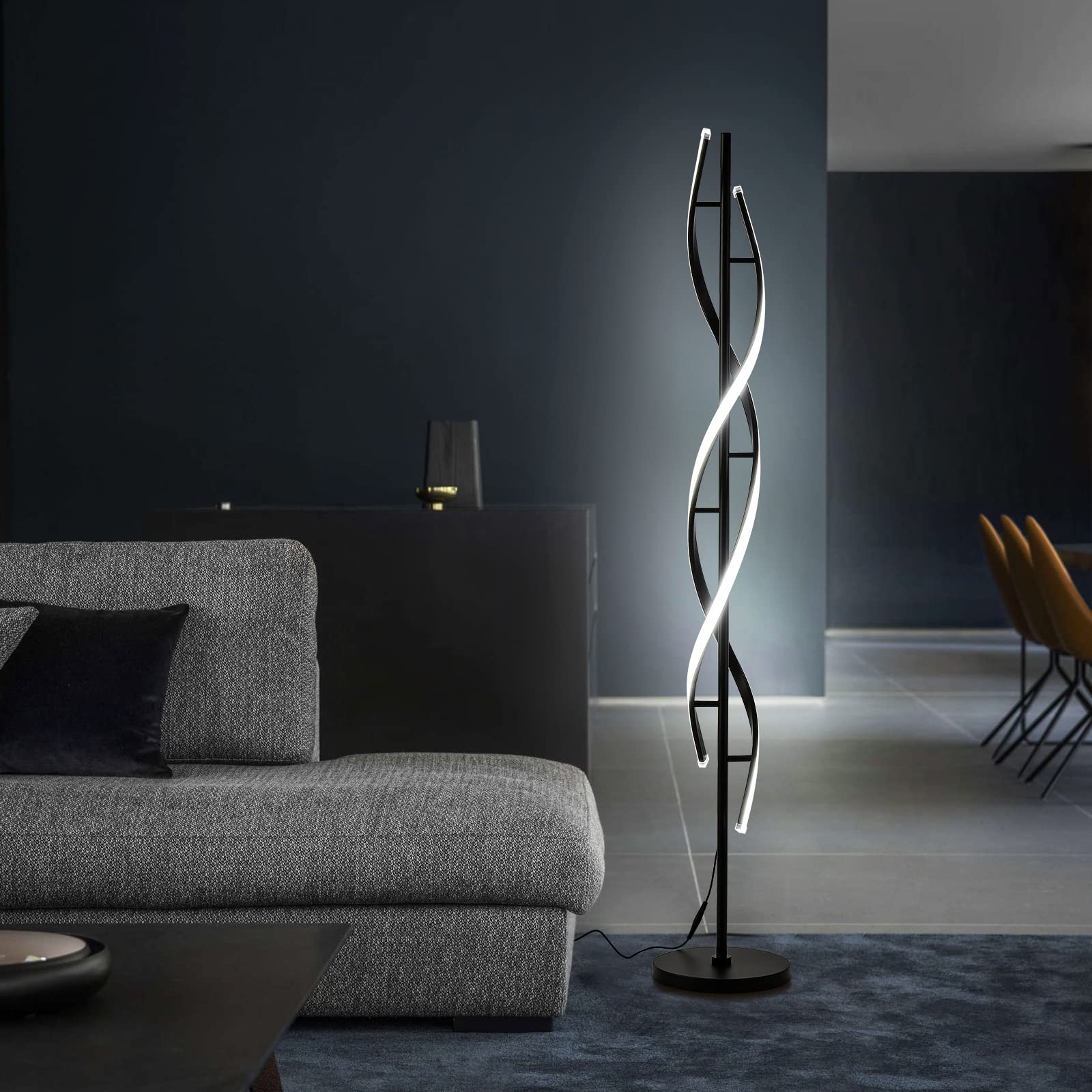 Spiral LED Floor Lamp for Bedroom,Modern Floor Lamp with Remote Control 60 Inch Dimmable Black Floor Lamp 48W Standing Lamp Timing 3 Color Temperature Corner Floor Lamps for Living Room