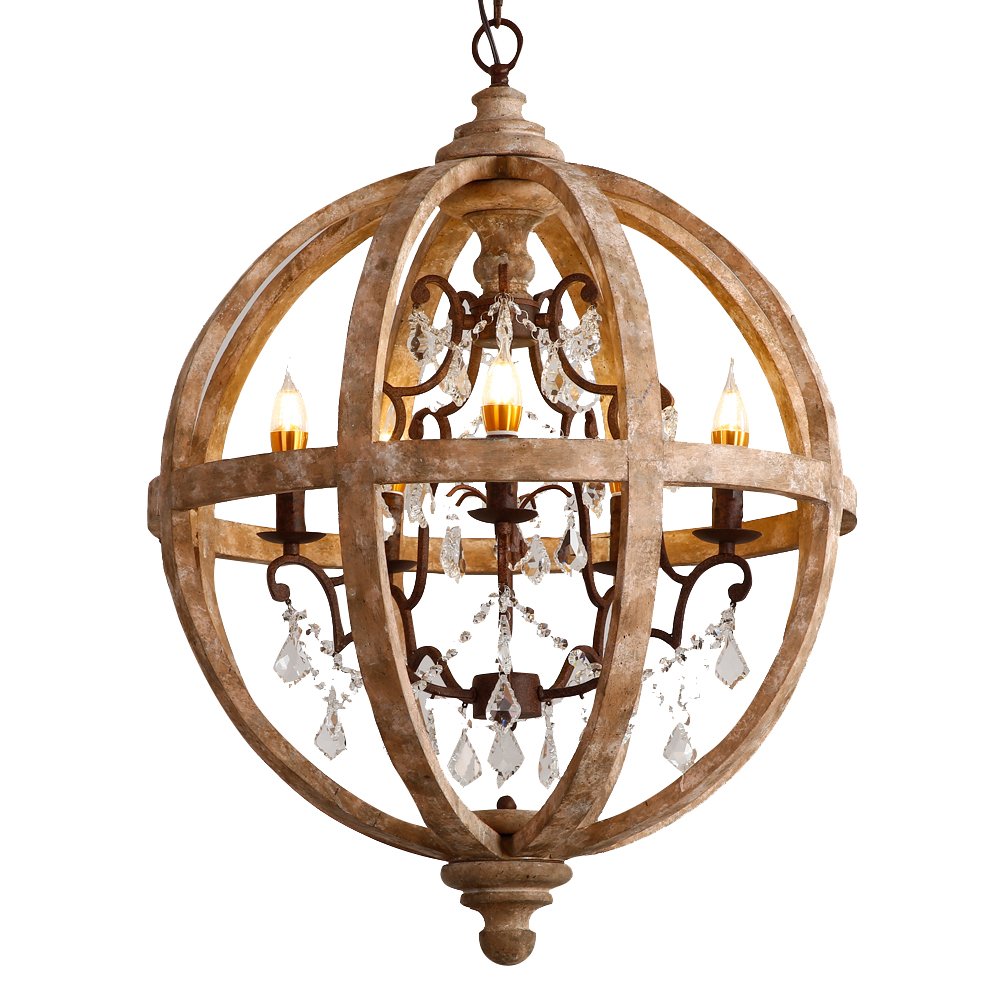 New 24" Wide Retro Rustic Weathered Wooden Globe Chandelier Crystal 5-Light Pendant Lighting