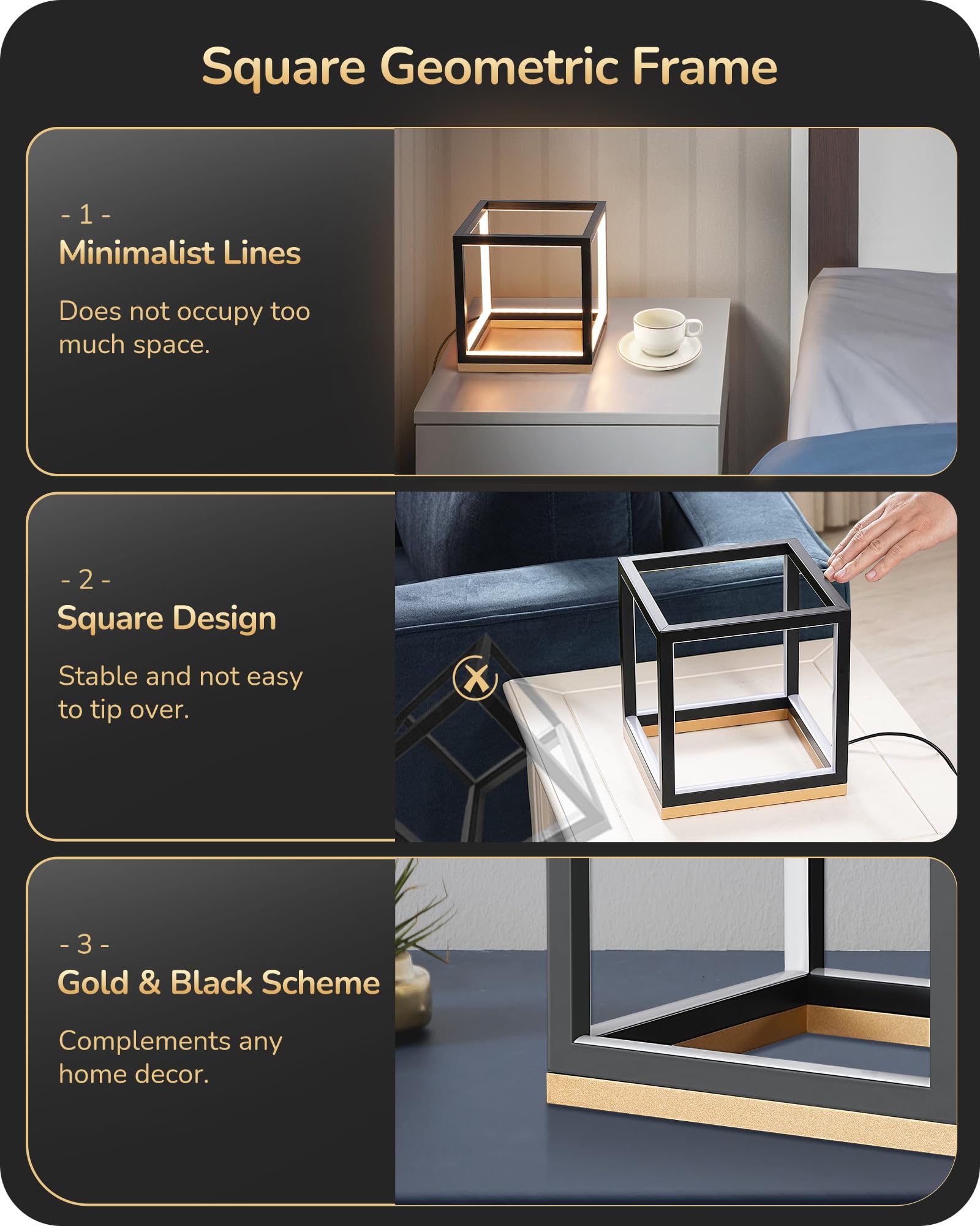 Modern LED Table Lamp, Minimalist Bedside Lamp with Solid Wood Base, 3 Way Dimmable, 3000K/4500K/6000K, 470LM, Black Gold Square Geometric Nightstand Lamp for Living Room, Bedroom, Office