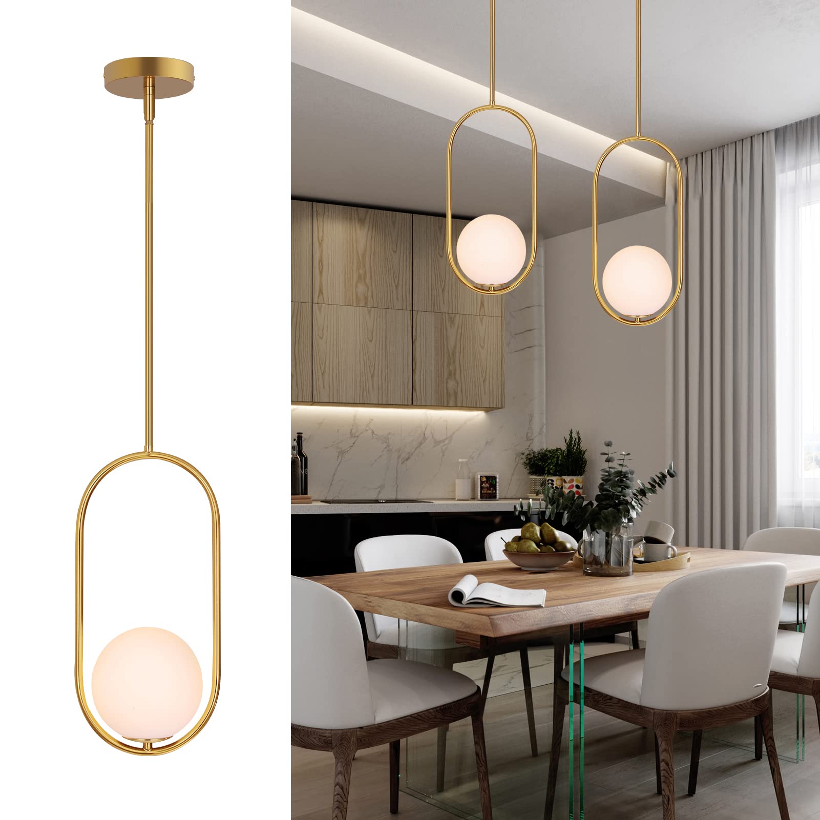 Modern Pendant Lighting Gold Hanging Light Fixture for Sloped Ceiling,Brass Pendant Lighting Fixture Pendant Chandelier Globe Pendant Light for Kitchen Island,Dinning Room Bedside Lighting