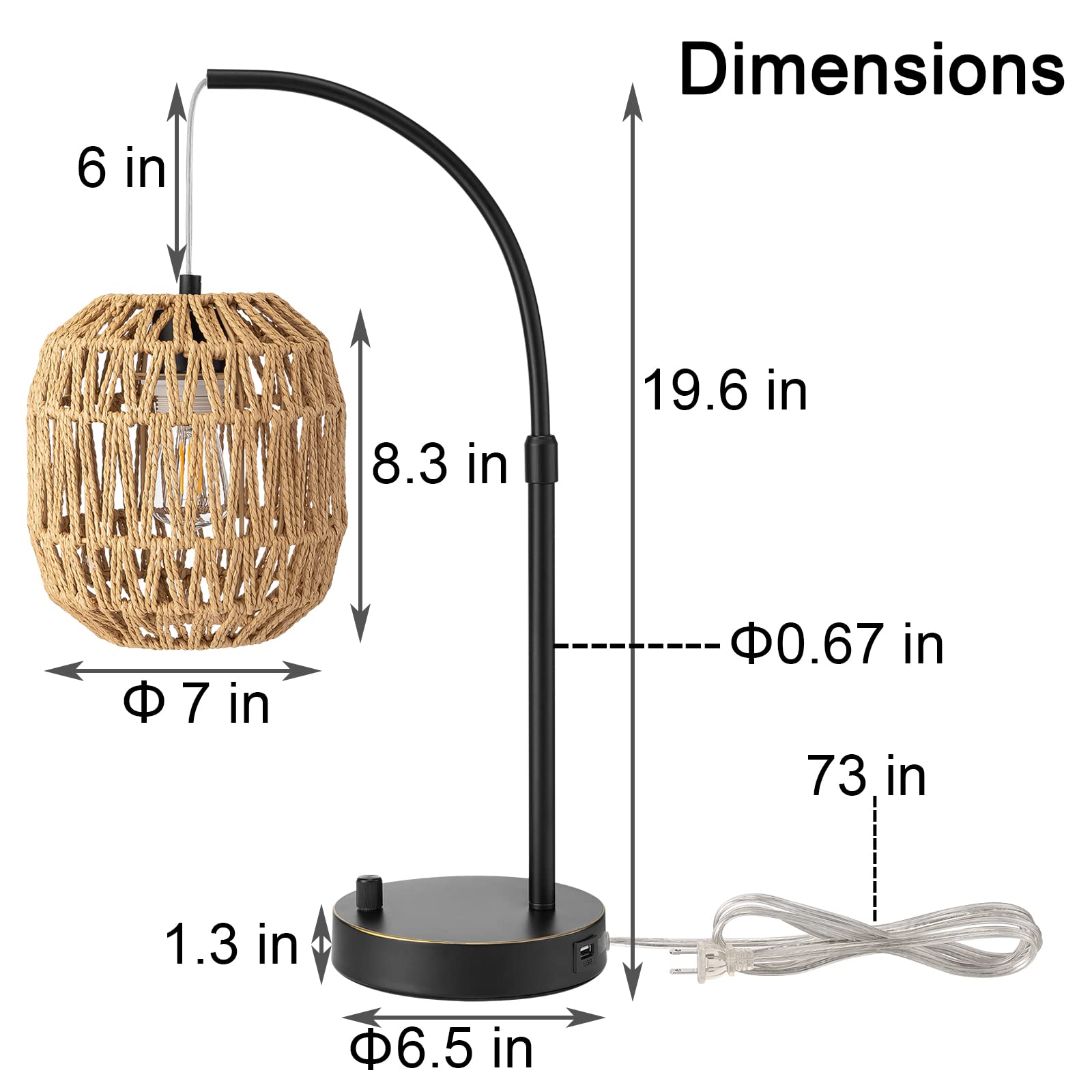 Tall Industrial Table Lamp for Bedroom with USB Port, Charging Farmhouse Coastal Lamps Black with Rattan Lamp Shade Edison Bedside Nightstand Lamp Boho Side Table Desk Lamps for Home Office