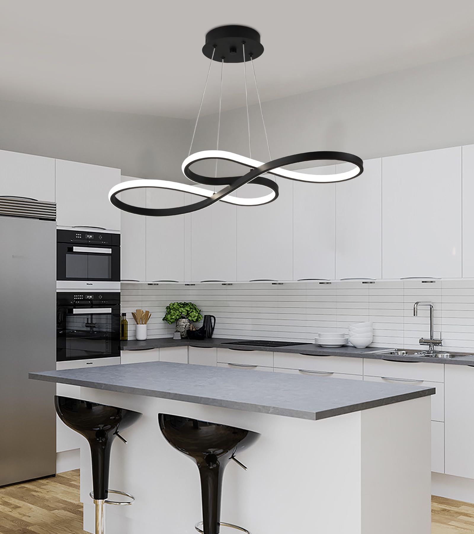 Modern Led Chandelier Black Contemporary Dimmble 4 Lights with Remote for Dining Room Kitchen Island Bar Living Room Office