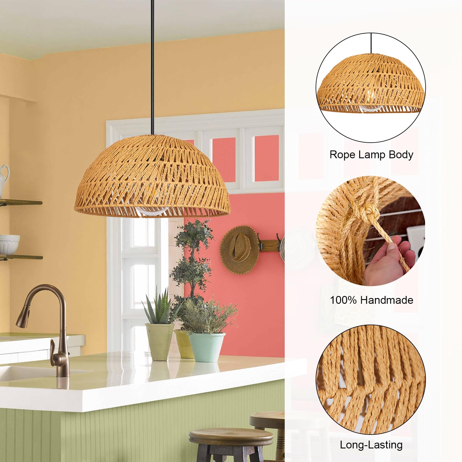 Rustic Farmhouse Bamboo Pendant Light - 18 Inch Large Dome Handwoven Ceiling Mounted Bamboo Chandelier Shades, Coastal Beach Hanging Rattan Light Fixture for Kitchen, Dining, Living Room