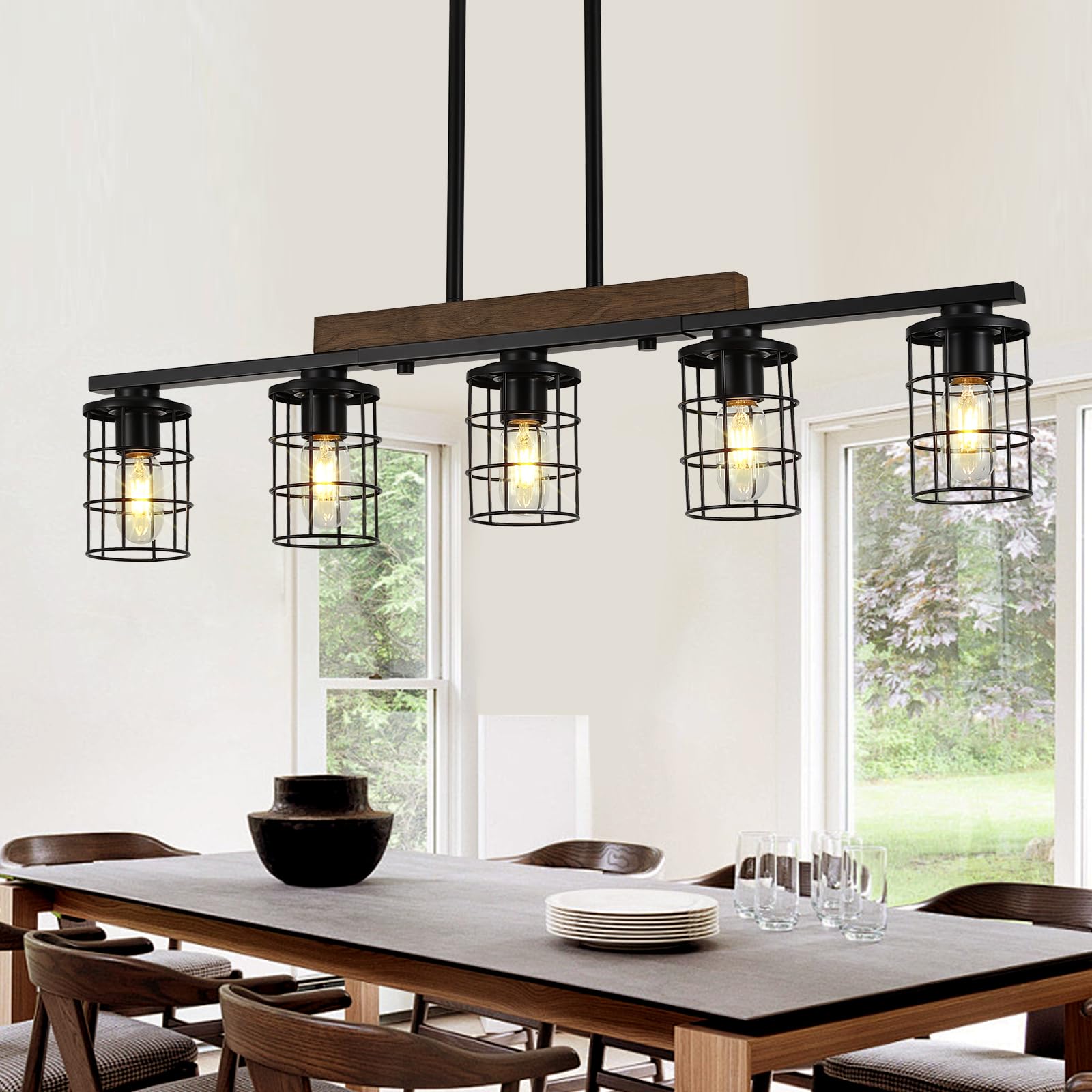 Dining Room Light Fixture/Chandelier Over Table, 36.2-Inch Hanging for Farmhouse Linear Chandeliers,5-Light Kitchen Island Lighting, Black Rustic Wooden Ceiling Chandelier,with metal lampshade