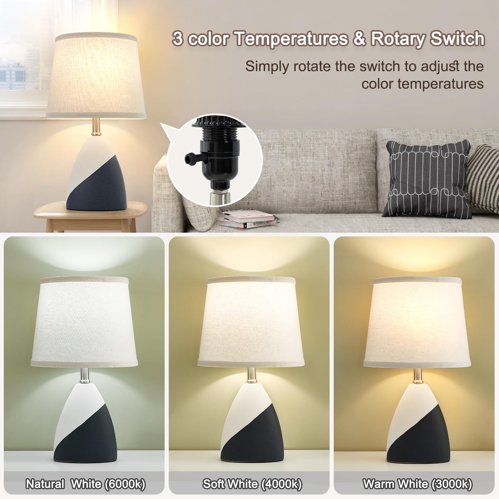 Table Lamps Set of 2, 19” Ceramic Modern Table Lamp Beside Lamps Nightstand Lamp Modern Table Lamp for Living Room, Bedroom & Office Rocker Swtich, Black White-LED Bulbs Included