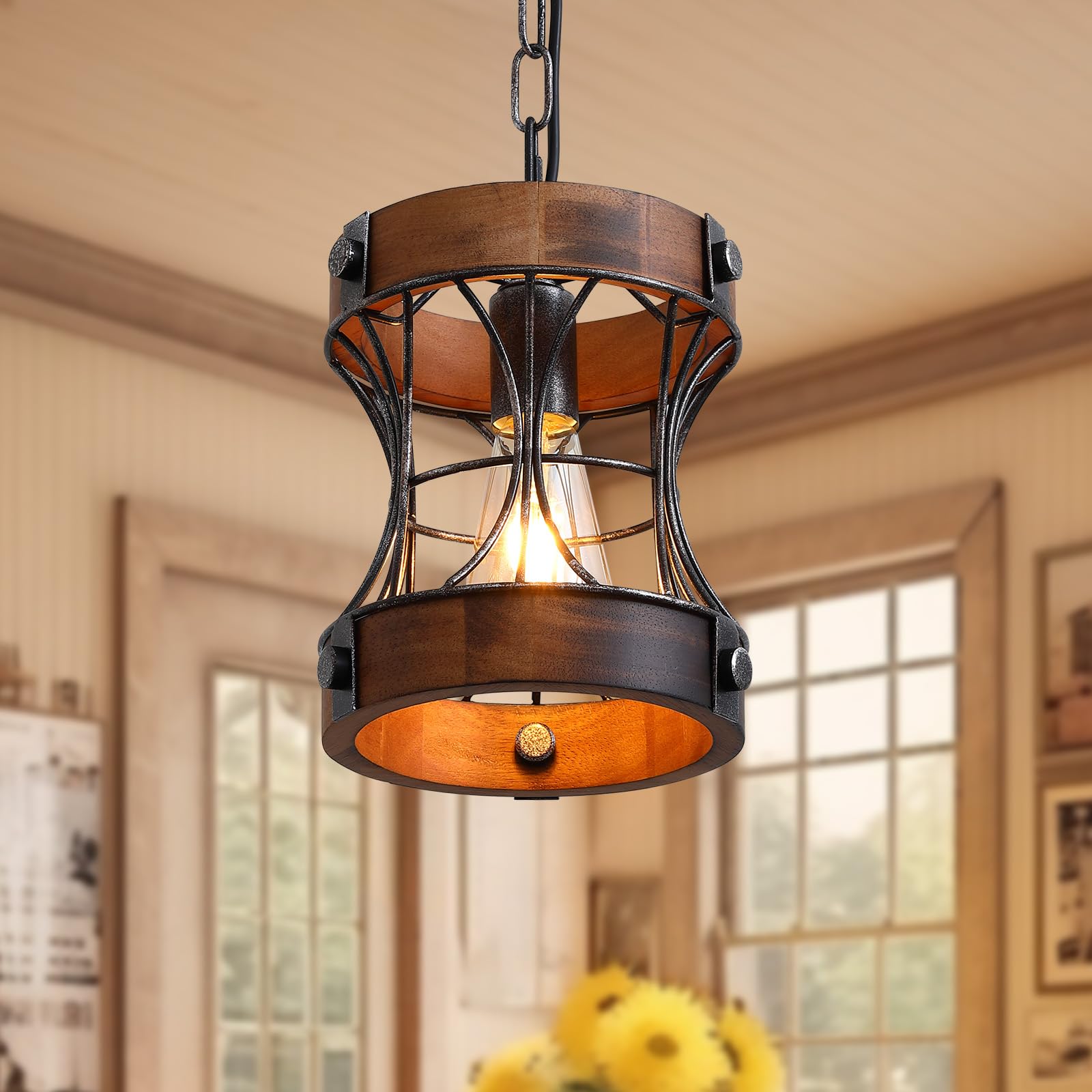 Rustic Chandelier, Modern Farmhouse Chandeliers for Dining Room, Wood Lantern Pendant Lights for Kitchen Island Foyer Hallway Bar, 1-Light Antique Light Fixtures for All Ceilings D 7.5" x H 8.8"