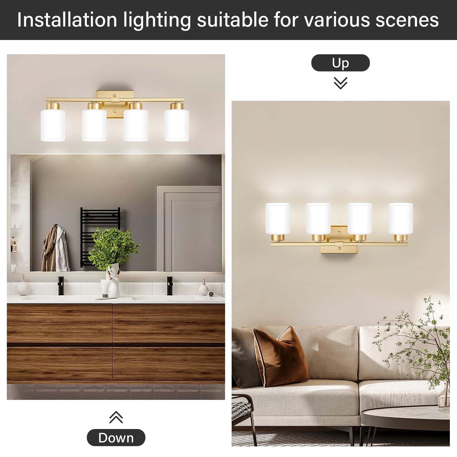 Brushed Nickel Bathroom Light Fixtures, 3-Light Modern Vanity Light Over Mirror, Wall Sconces with Milky White Frosted Glass Shades, E26 Socket (Bulbs Not Included)