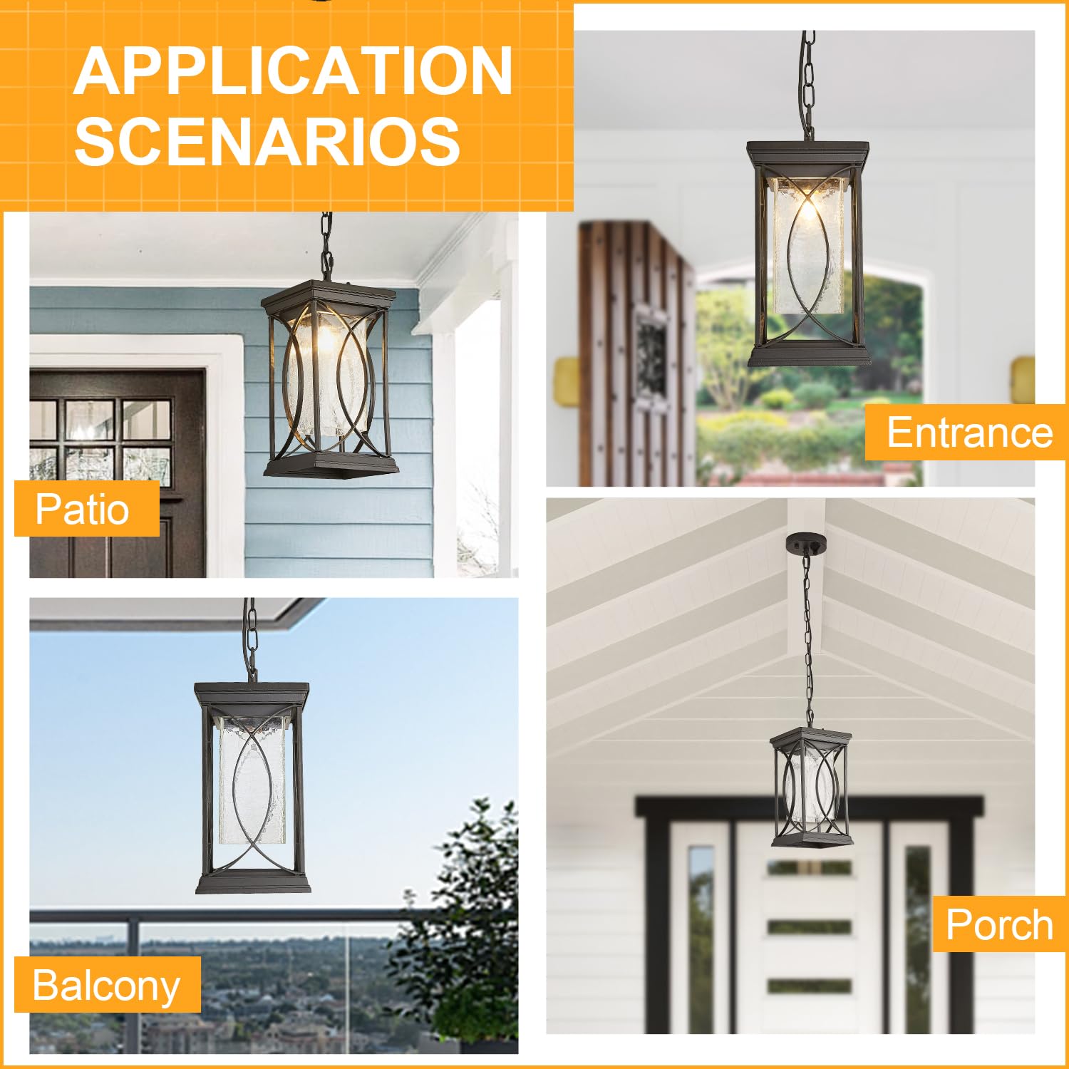 Outdoor Pendant Light Fixtures Dusk to Dawn Exterior Ceiling Hanging Lantern for Porch, Modern Black Outside Chandelier Light with Crack Glass for Front Door Porch Gazebo Foyer Entryway