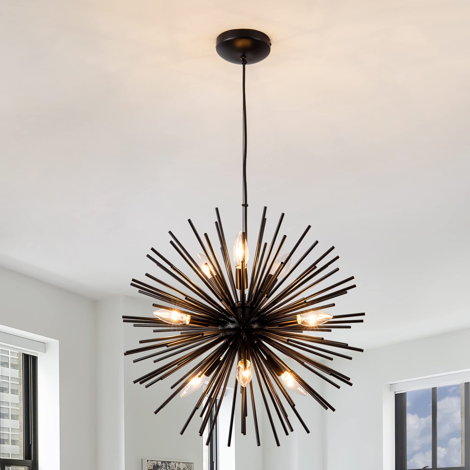 Modern Black Sputnik Chandeliers, 9-Light Satellite Pendant Light fixtures, Starburst Firework Ceiling Lights for Bedroom Living Room Dining Room Kitchen Island Hallway, E12 Socket(Dia:19.7'')